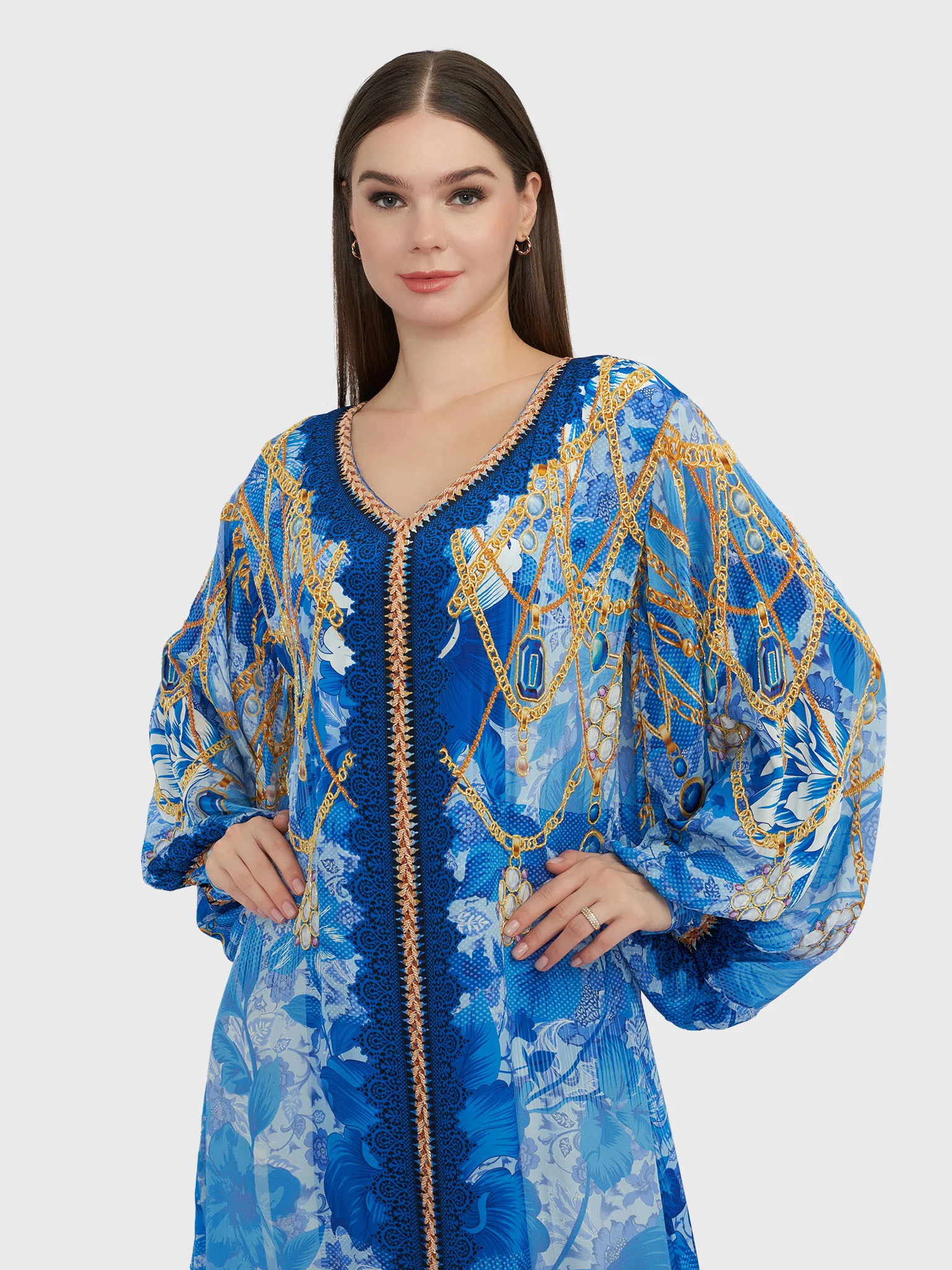 Royal Blue Floral and Chain Digital Print Jalabiya (VDE292)