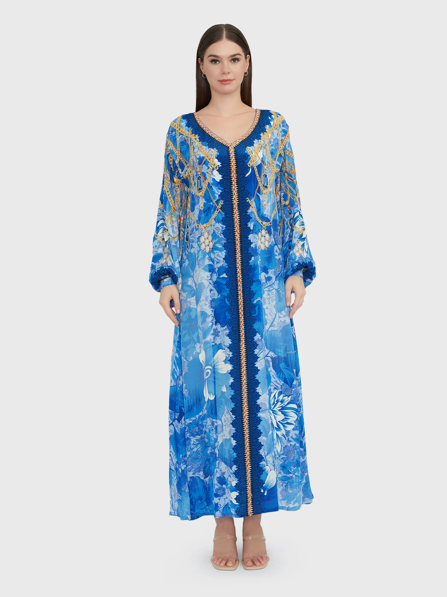Royal Blue Floral and Chain Digital Print Jalabiya (VDE292) - Image 2