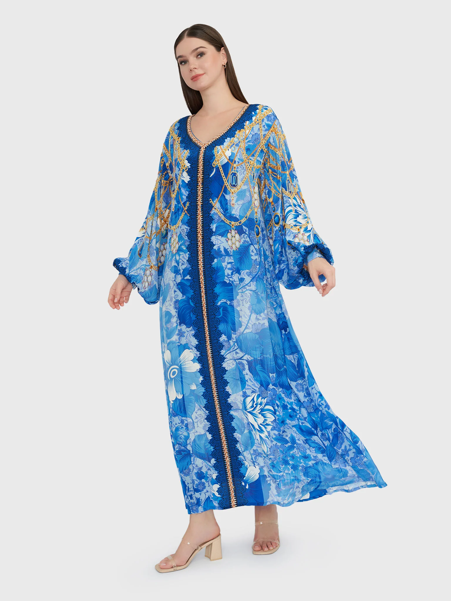 Royal Blue Floral and Chain Digital Print Jalabiya (VDE292) - Image 3