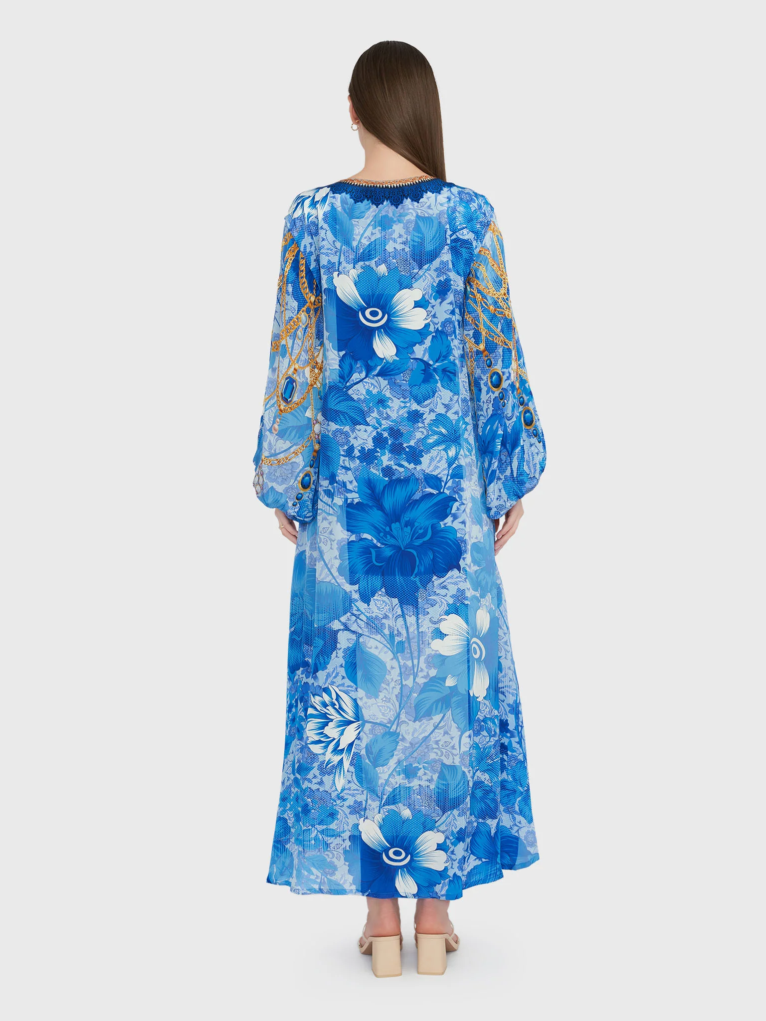 Royal Blue Floral and Chain Digital Print Jalabiya (VDE292) - Image 4
