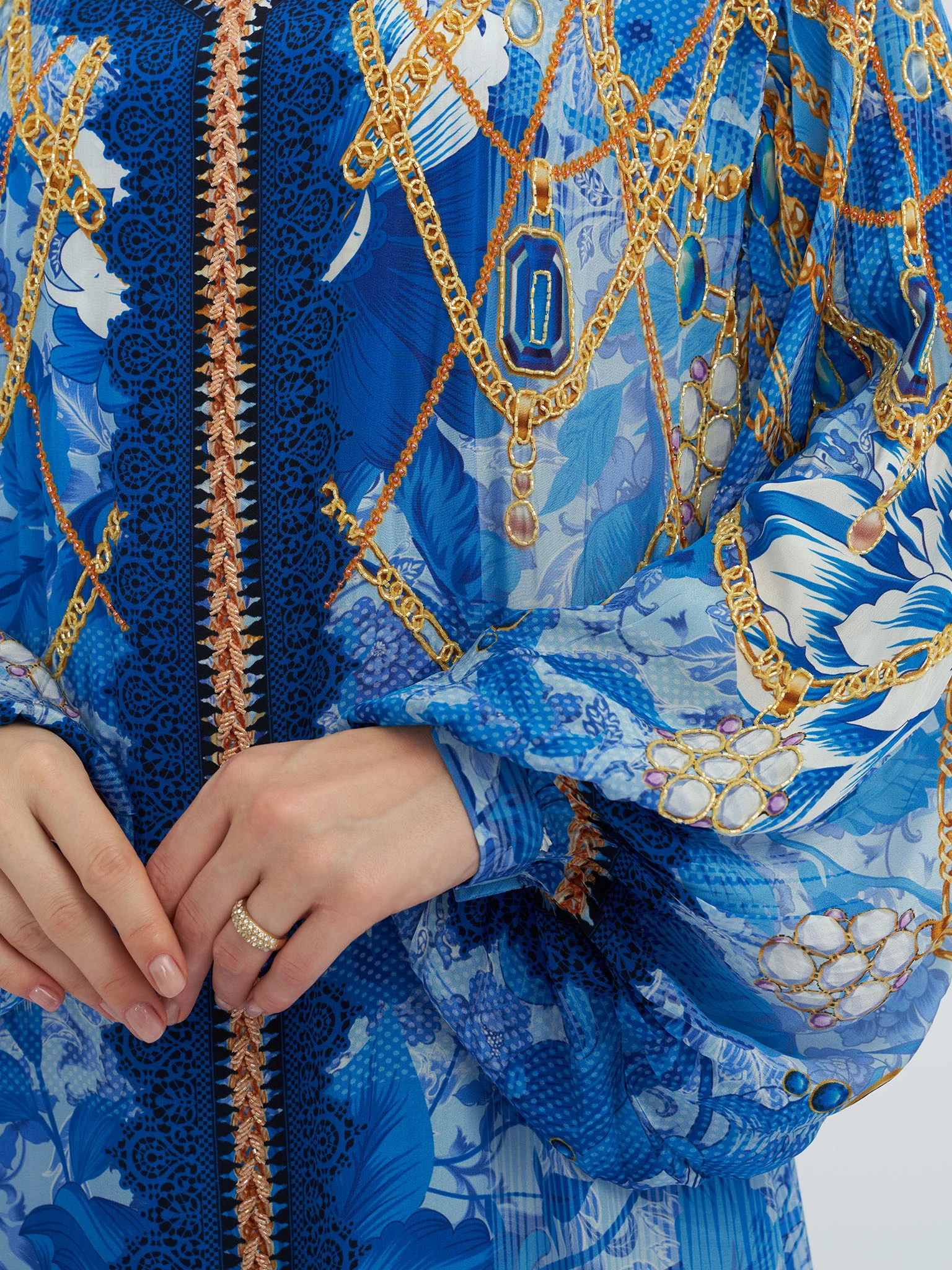 Royal Blue Floral and Chain Digital Print Jalabiya (VDE292) - Image 5