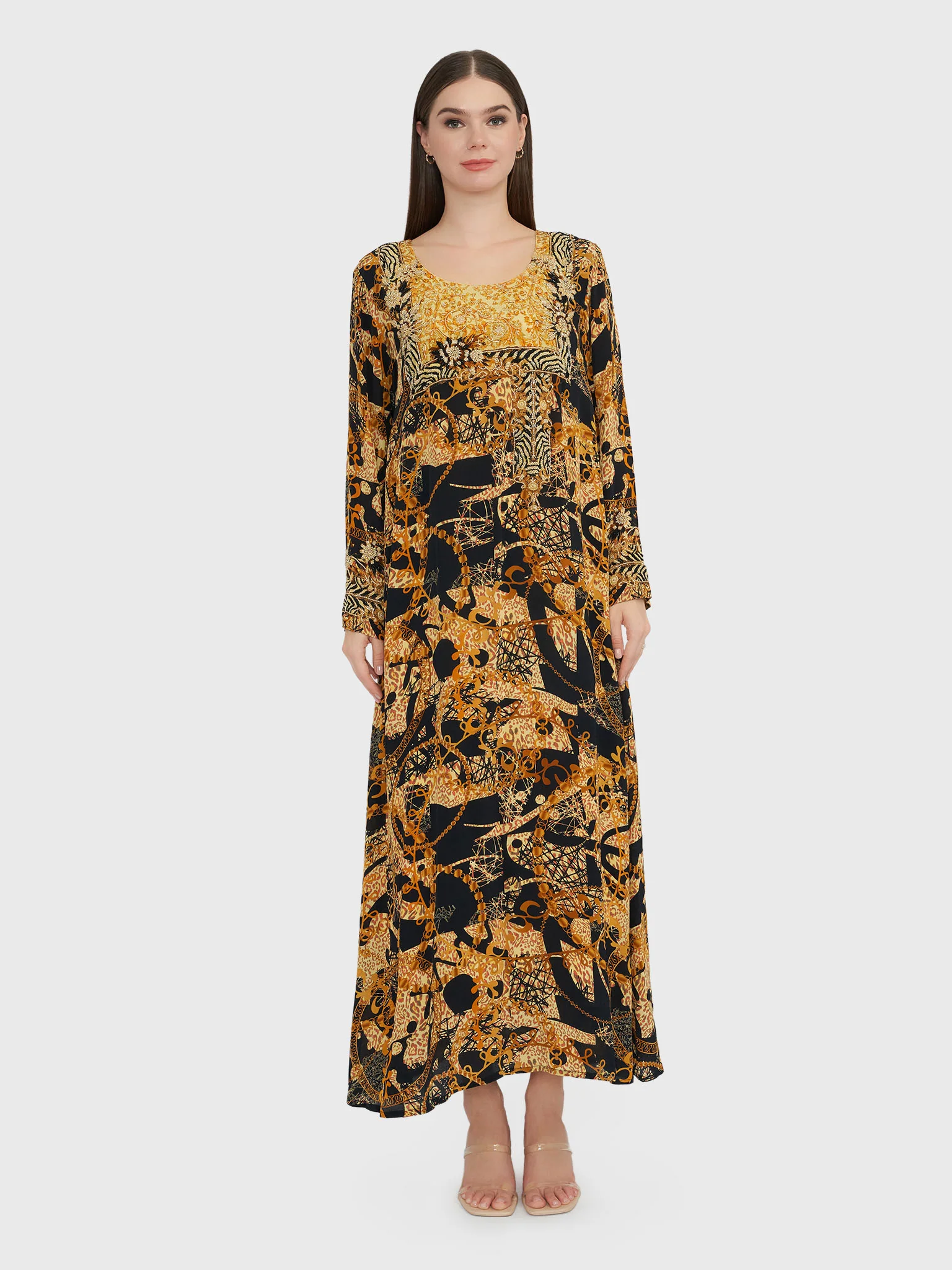 Golden Brown Abstract and Chain Digital Print Jalabiya (VDE301) - Image 2