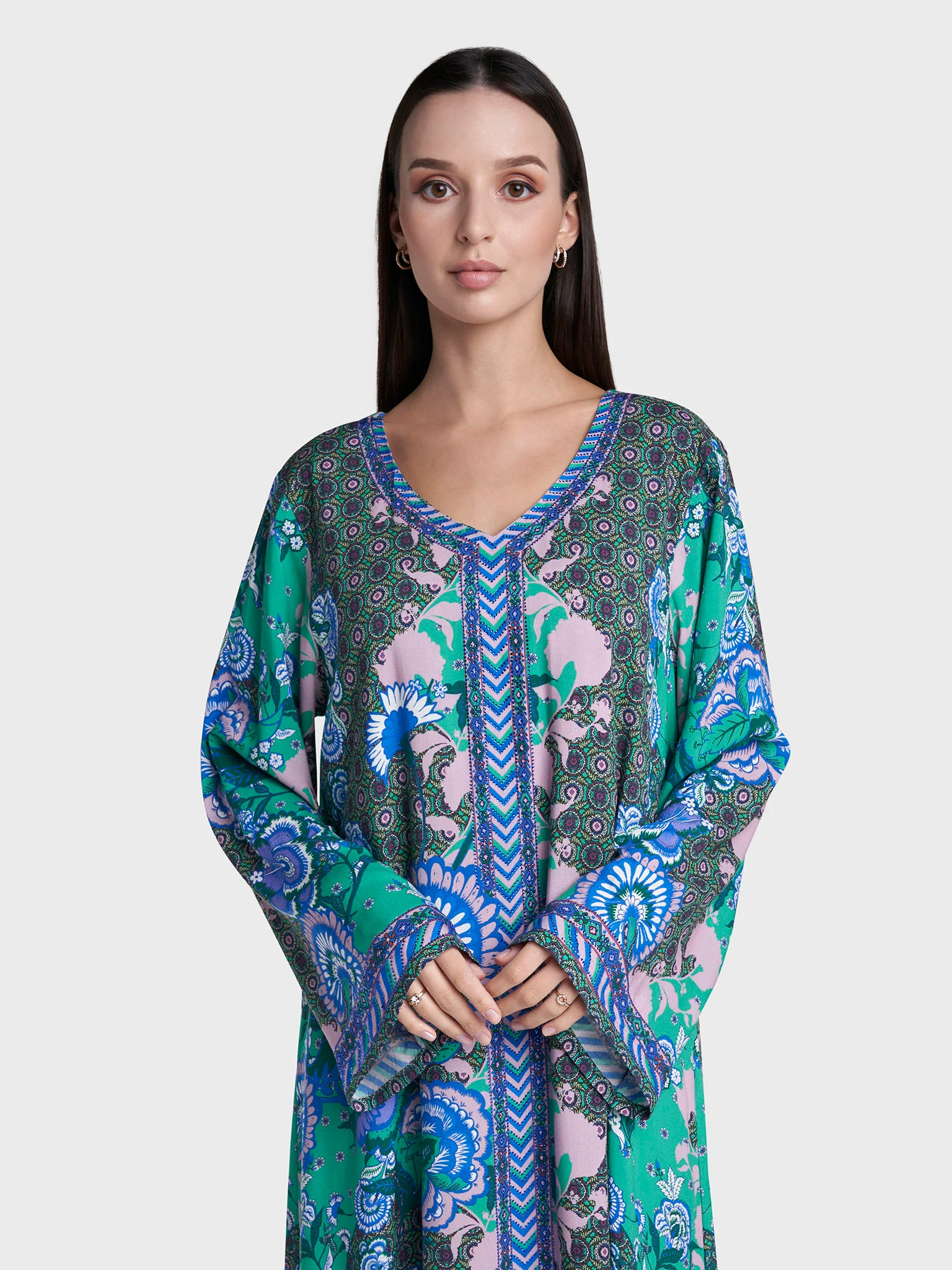 Green Colour Stone Work Rayon Digital Print Jalabiya (VDE343)
