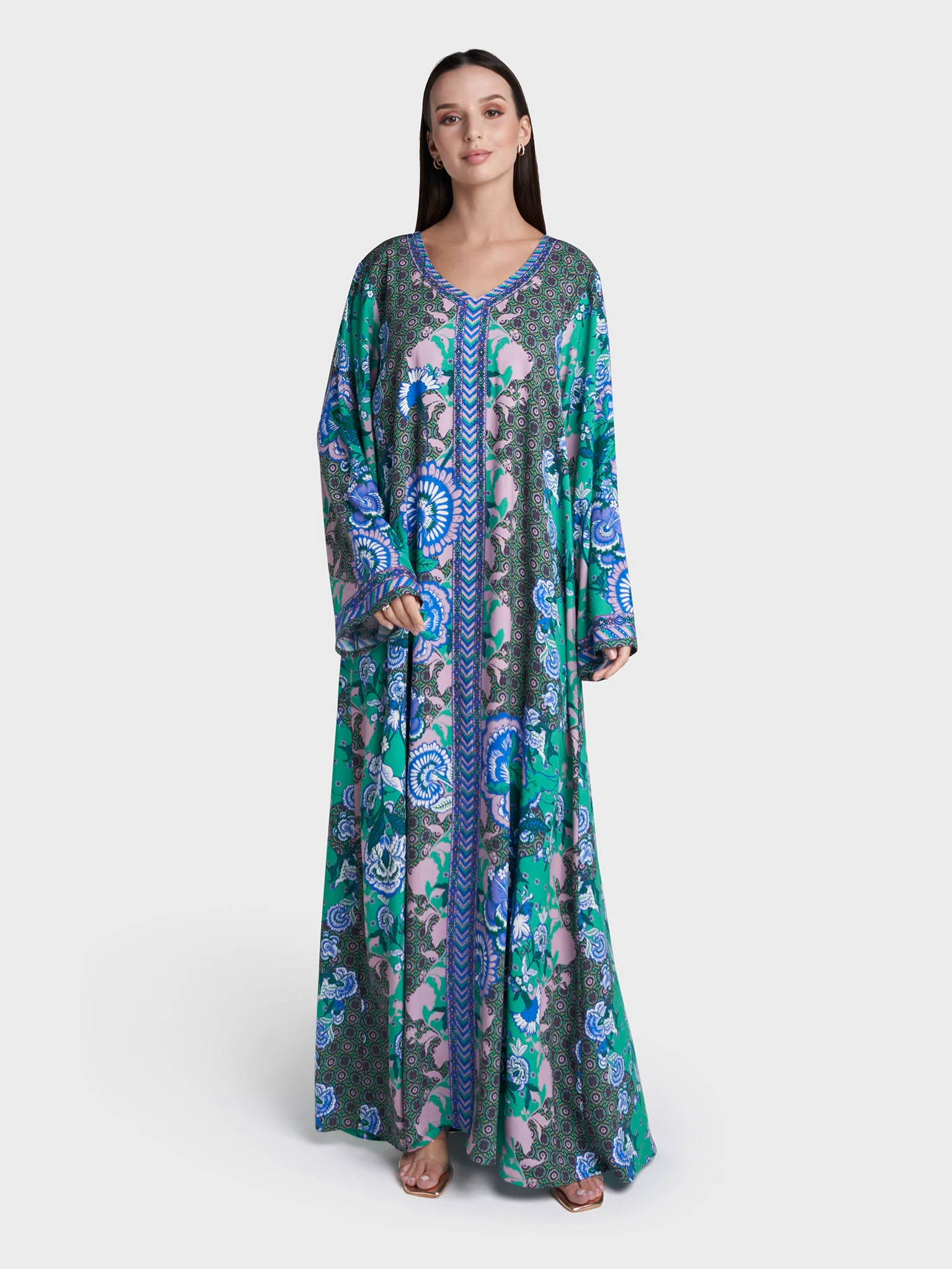 Green Colour Stone Work Rayon Digital Print Jalabiya (VDE343) - Image 2