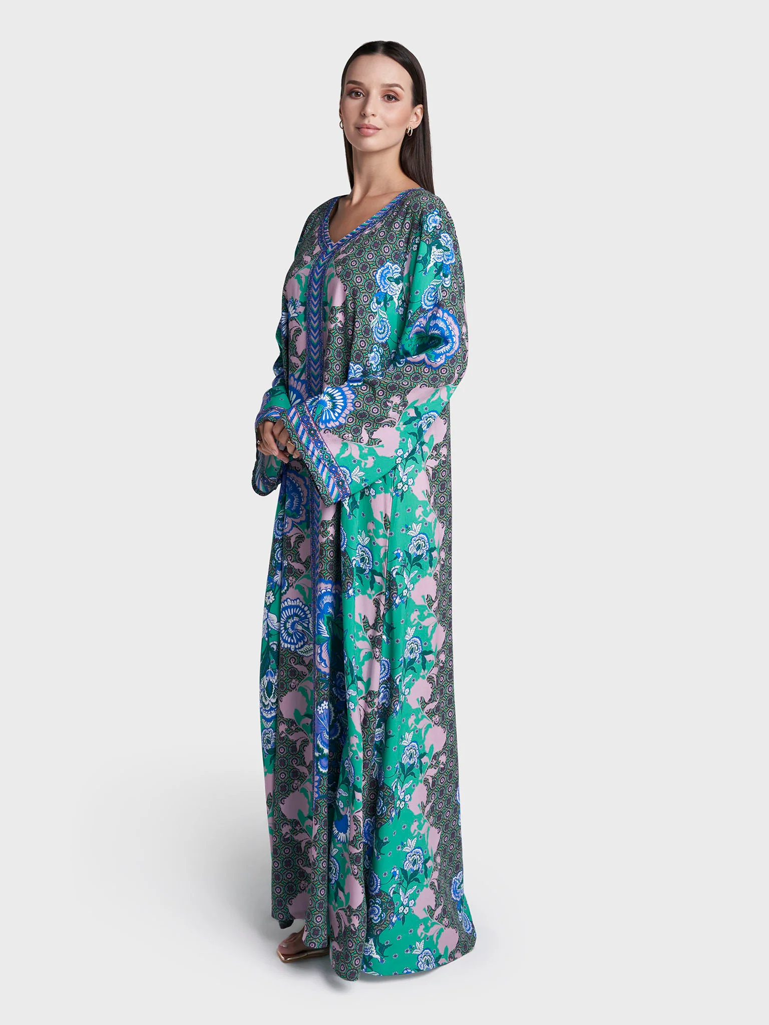 Green Colour Stone Work Rayon Digital Print Jalabiya (VDE343) - Image 3