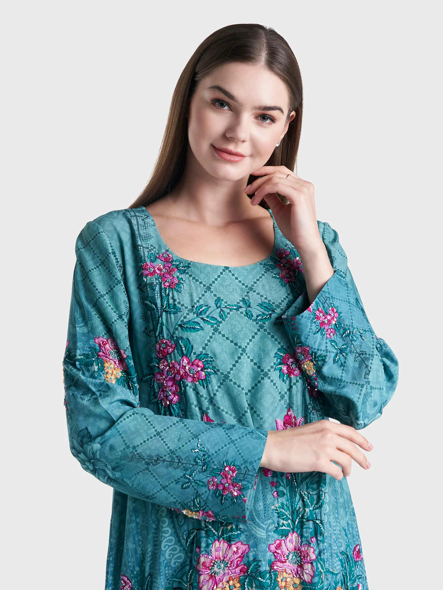 Abstract Floral Print Viscose Crepe Jalabiya (VDM742)