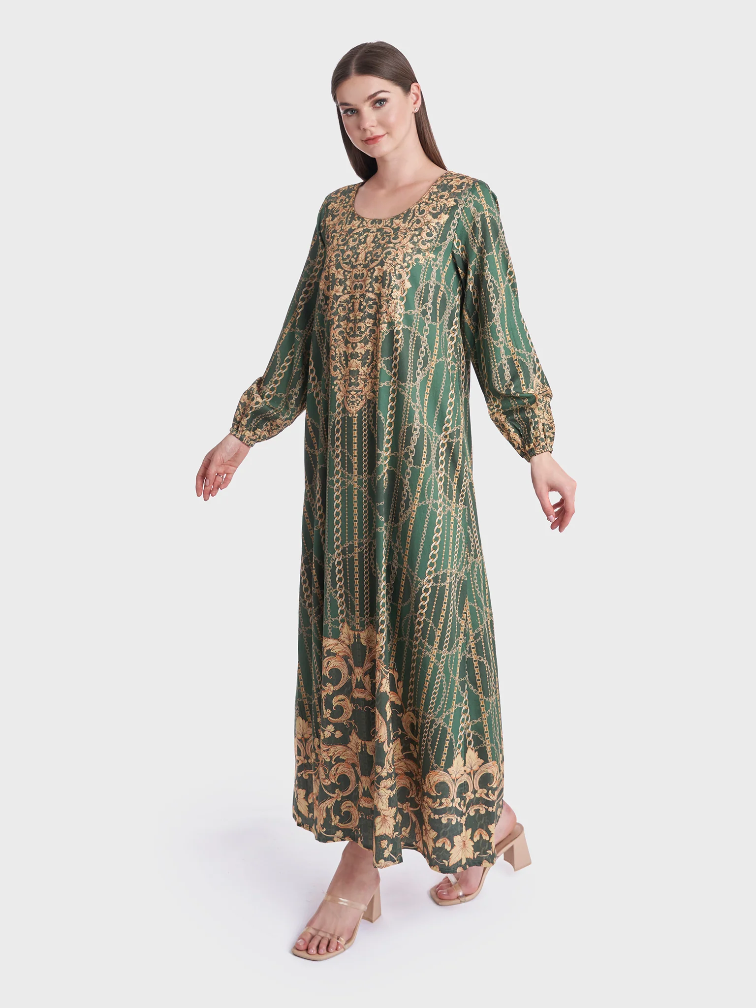 Digital Baroque and Chain Print Cotton Satin Jalabiya (VDM756) - Image 3