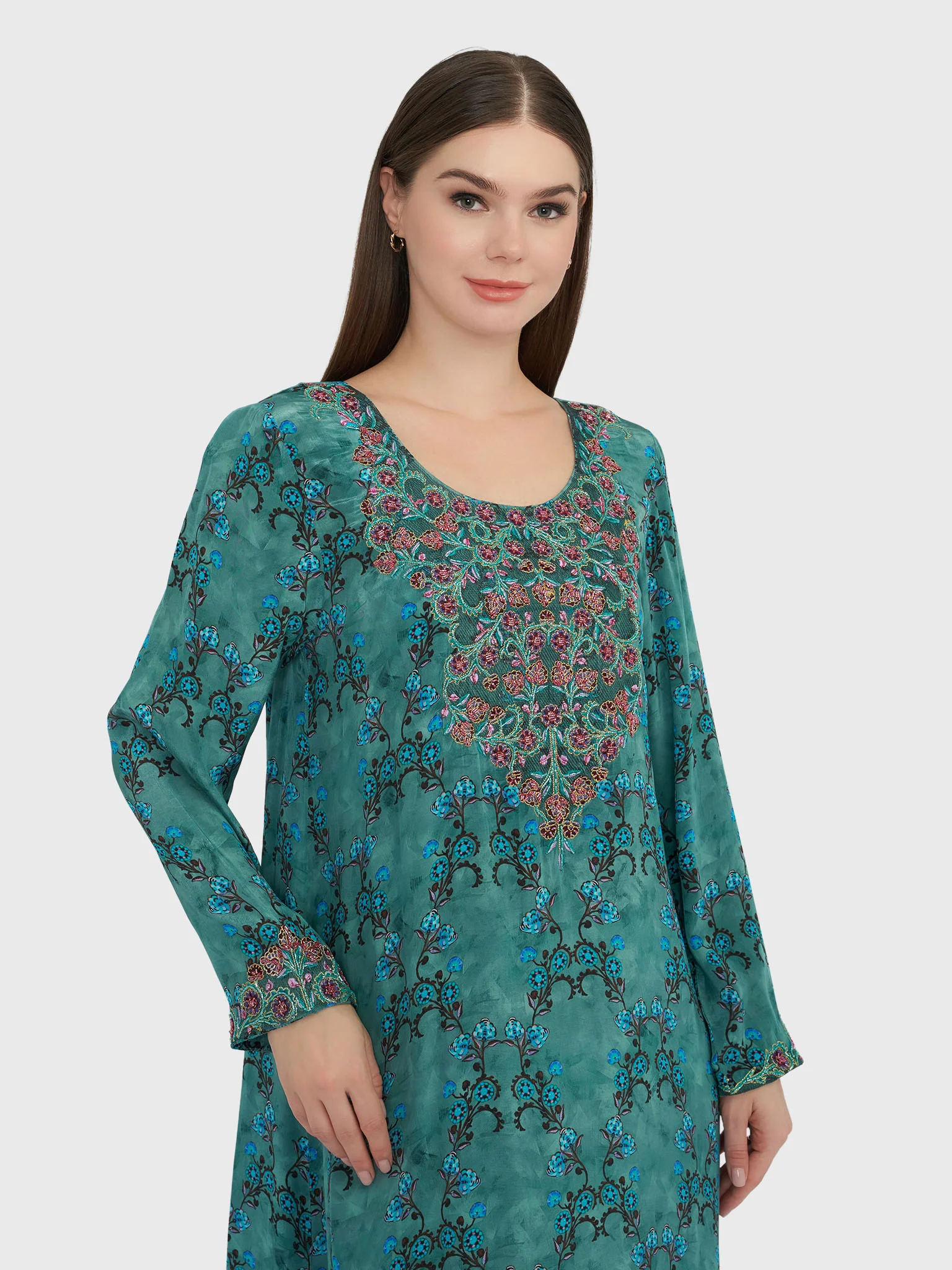 Sage Green Viscose Crepe Floral Print Jalabiya (VDP236)