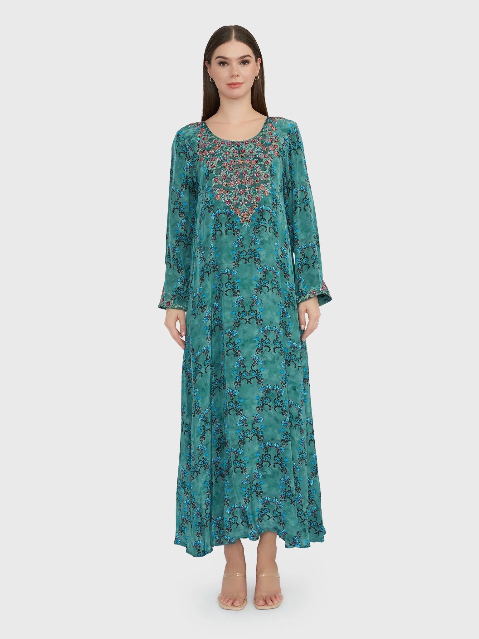 Sage Green Viscose Crepe Floral Print Jalabiya (VDP236) - Image 2