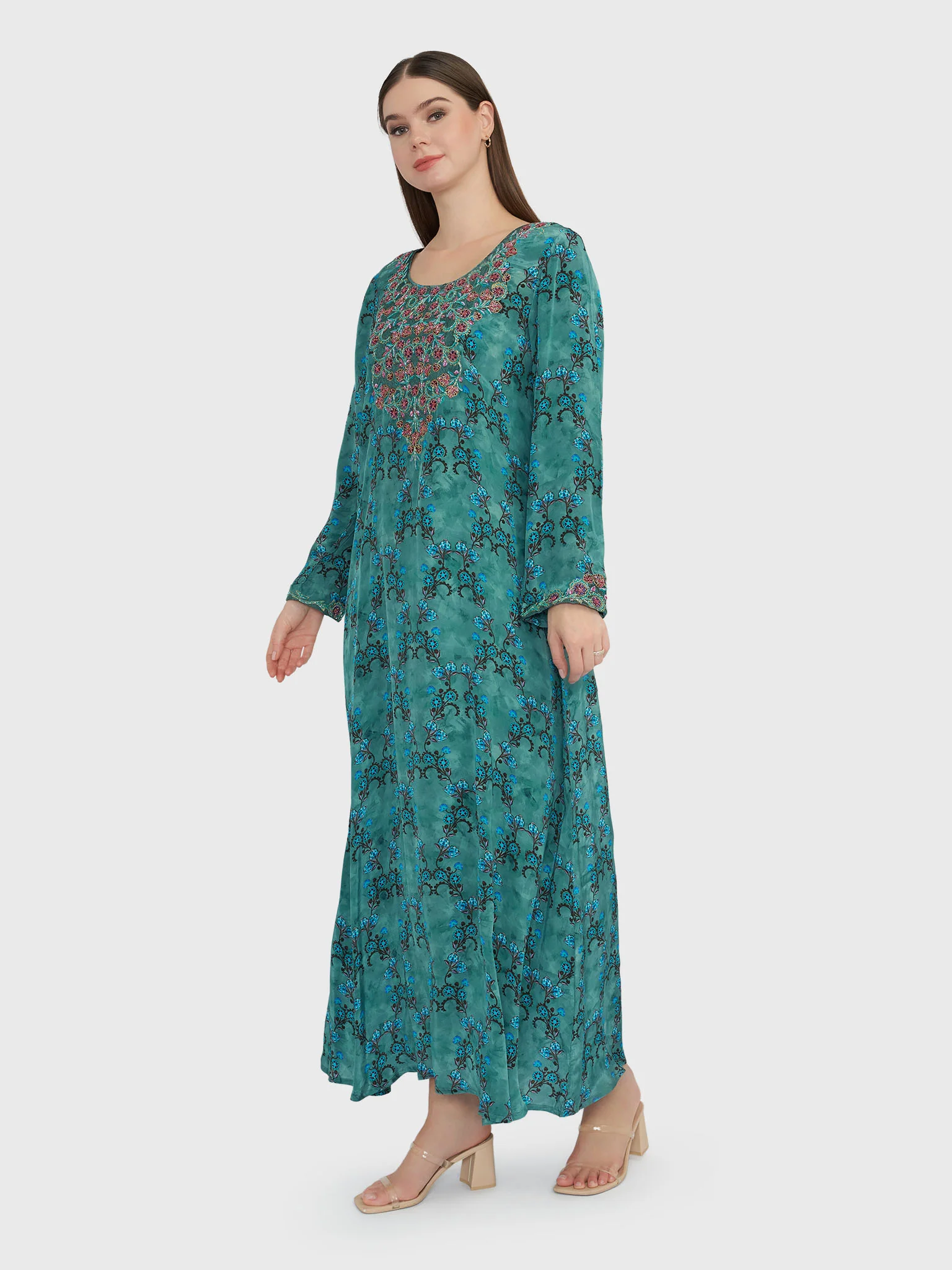 Sage Green Viscose Crepe Floral Print Jalabiya (VDP236) - Image 3