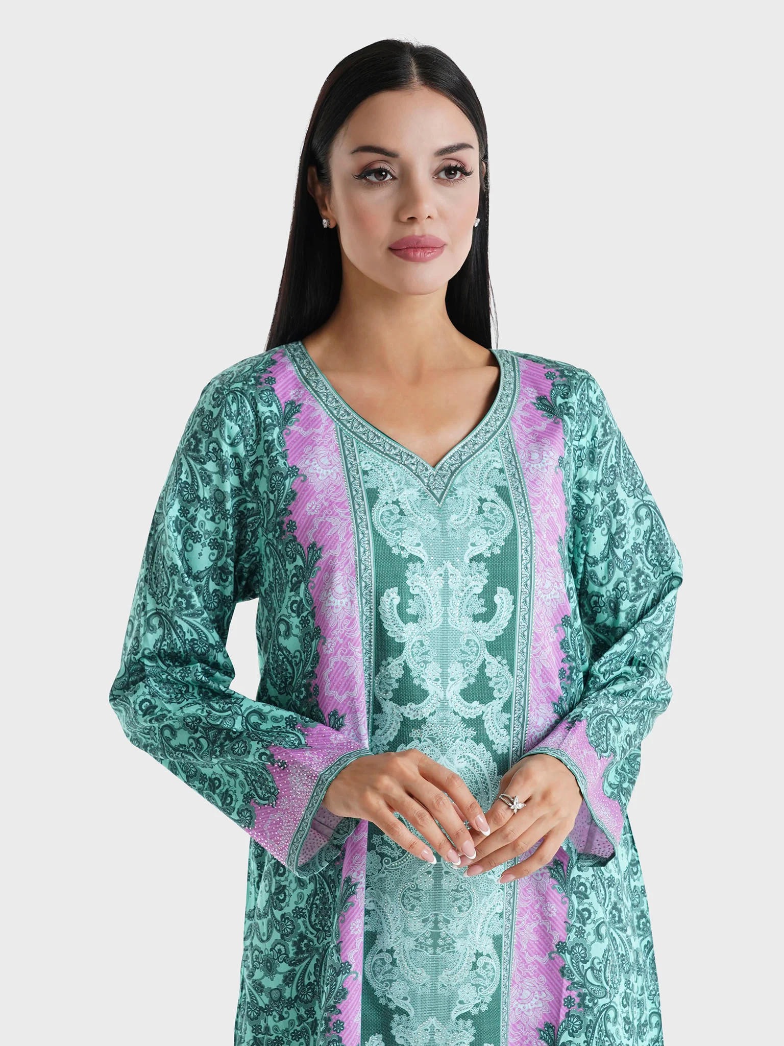 Lilac Paisley Printed Cotton Satin Stone Work Jalabiya (VDU595)