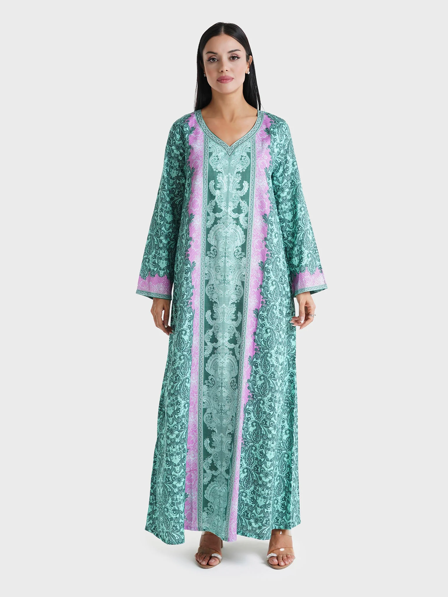 Lilac Paisley Printed Cotton Satin Stone Work Jalabiya (VDU595) - Image 2