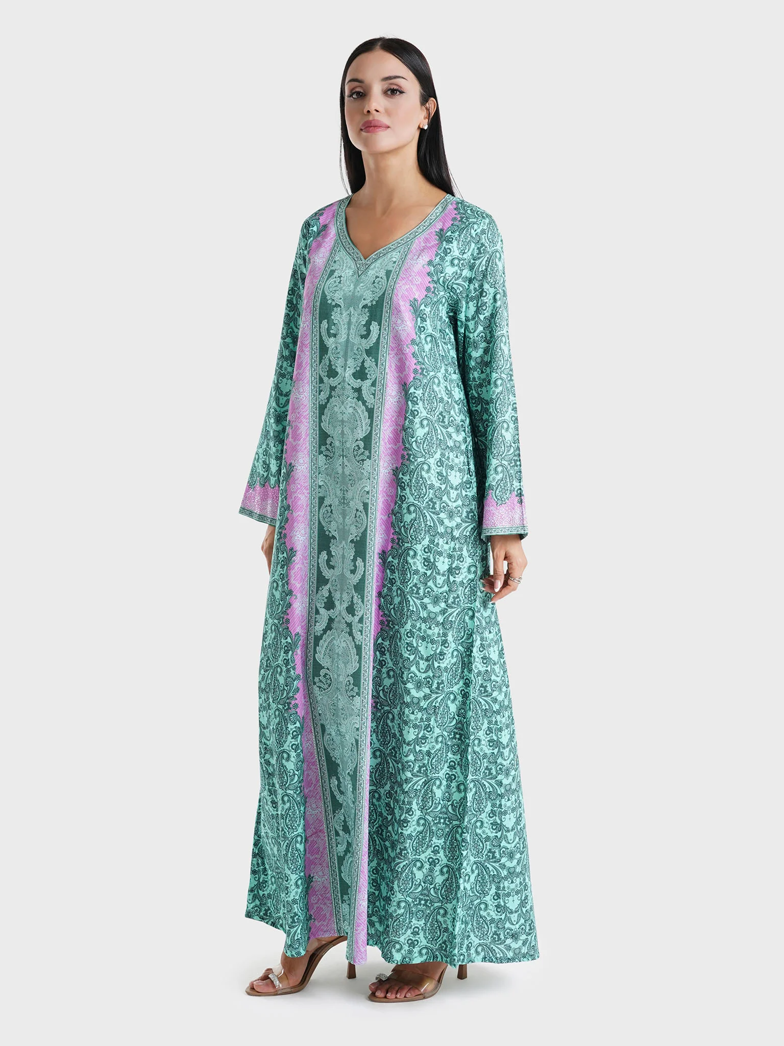 Lilac Paisley Printed Cotton Satin Stone Work Jalabiya (VDU595) - Image 3