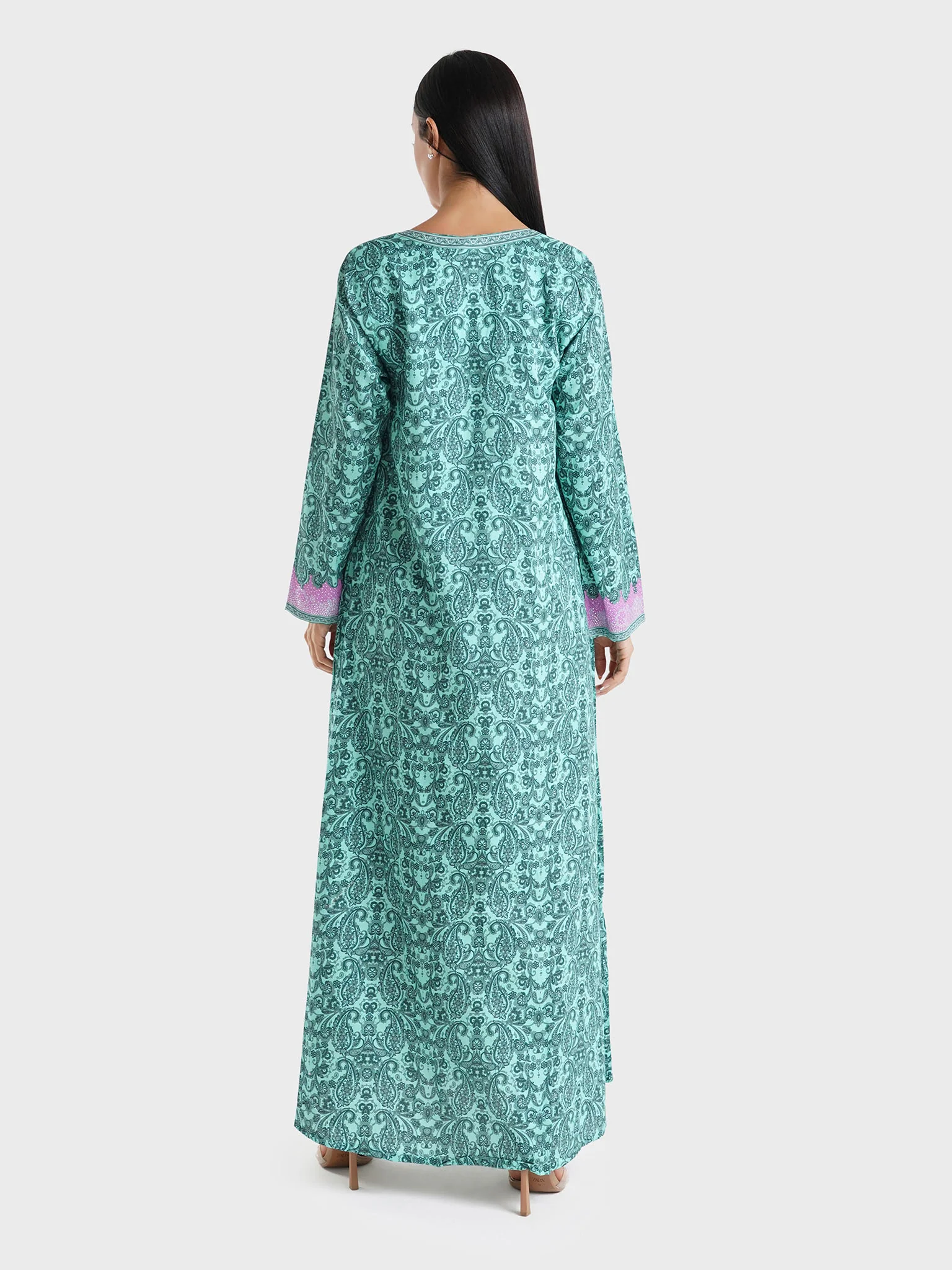 Lilac Paisley Printed Cotton Satin Stone Work Jalabiya (VDU595) - Image 4