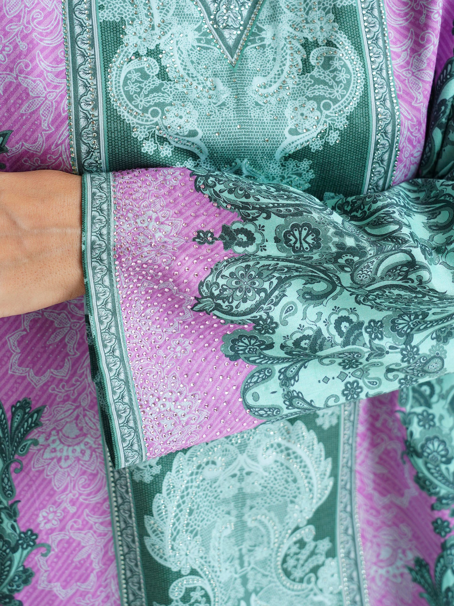 Lilac Paisley Printed Cotton Satin Stone Work Jalabiya (VDU595) - Image 5