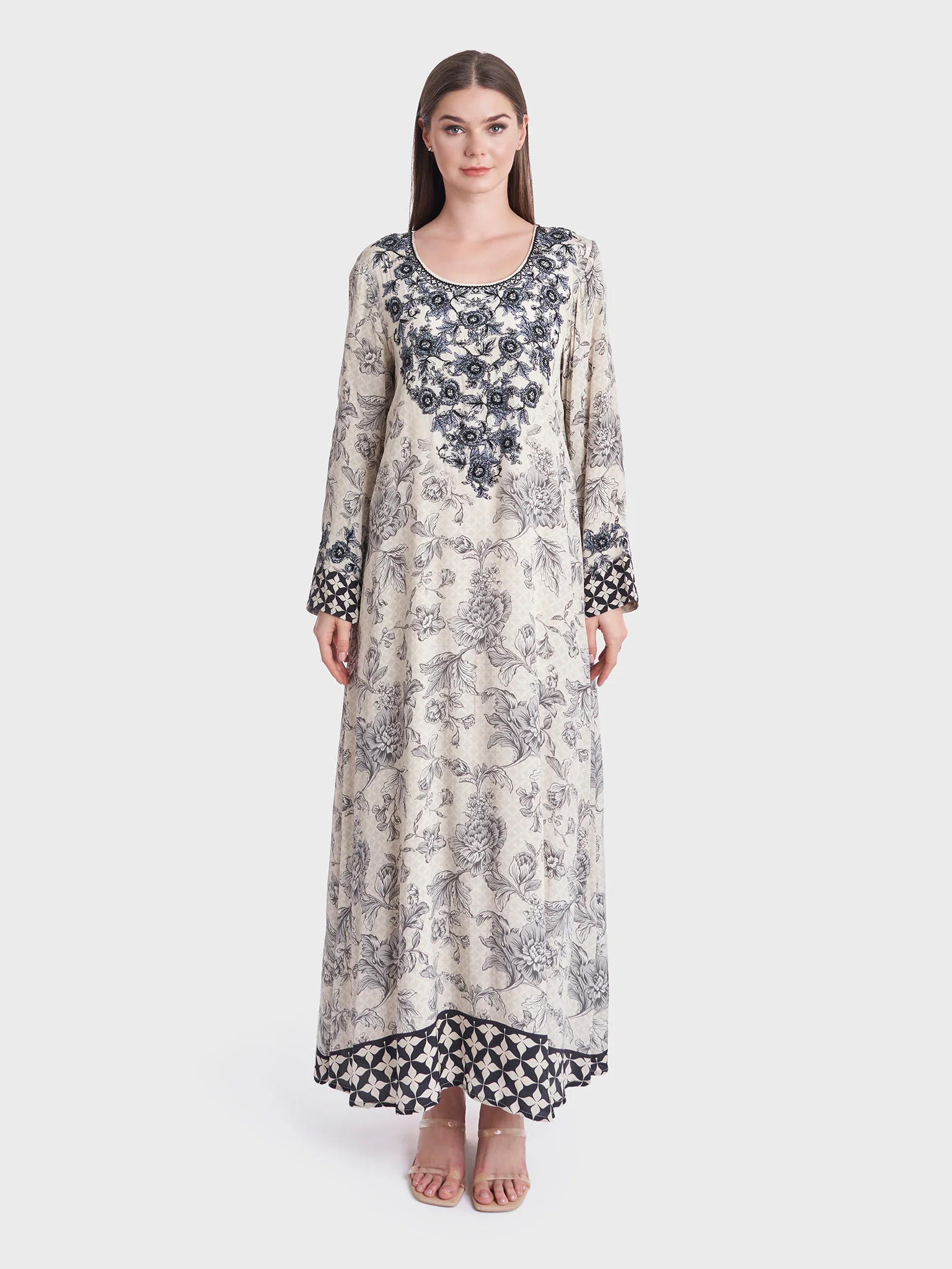 Floral Print Crepe Handwork Jalabiya (VDU769) - Image 2