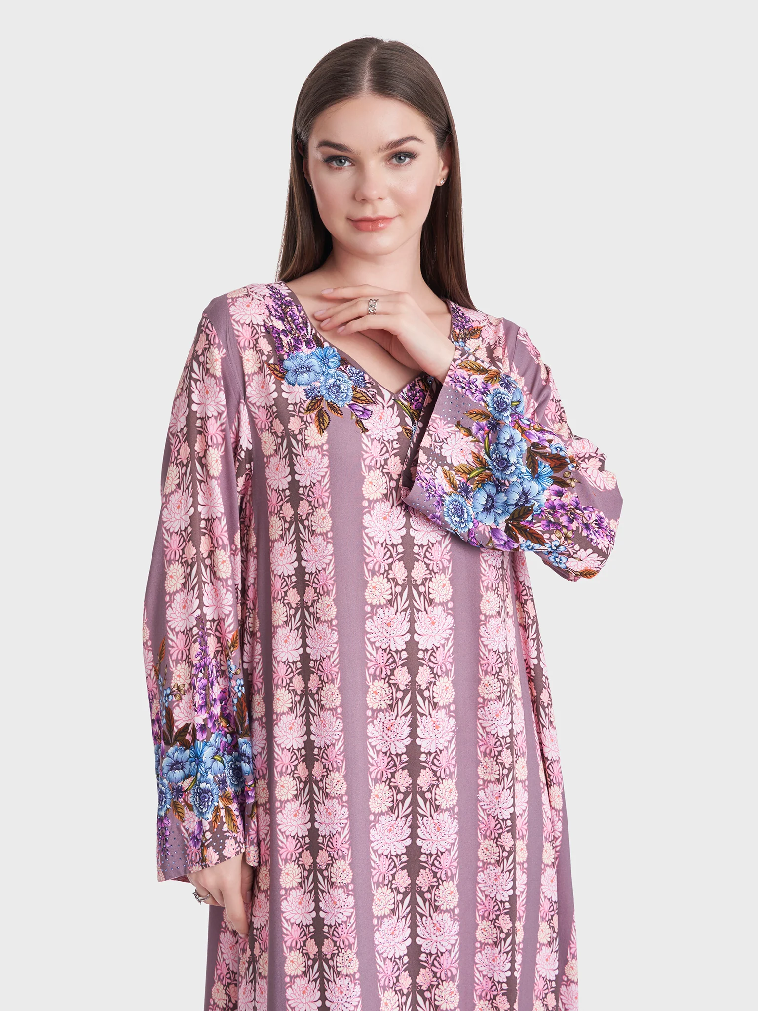 Floral Print Stripes Rayon Jalabiya (VDU805)