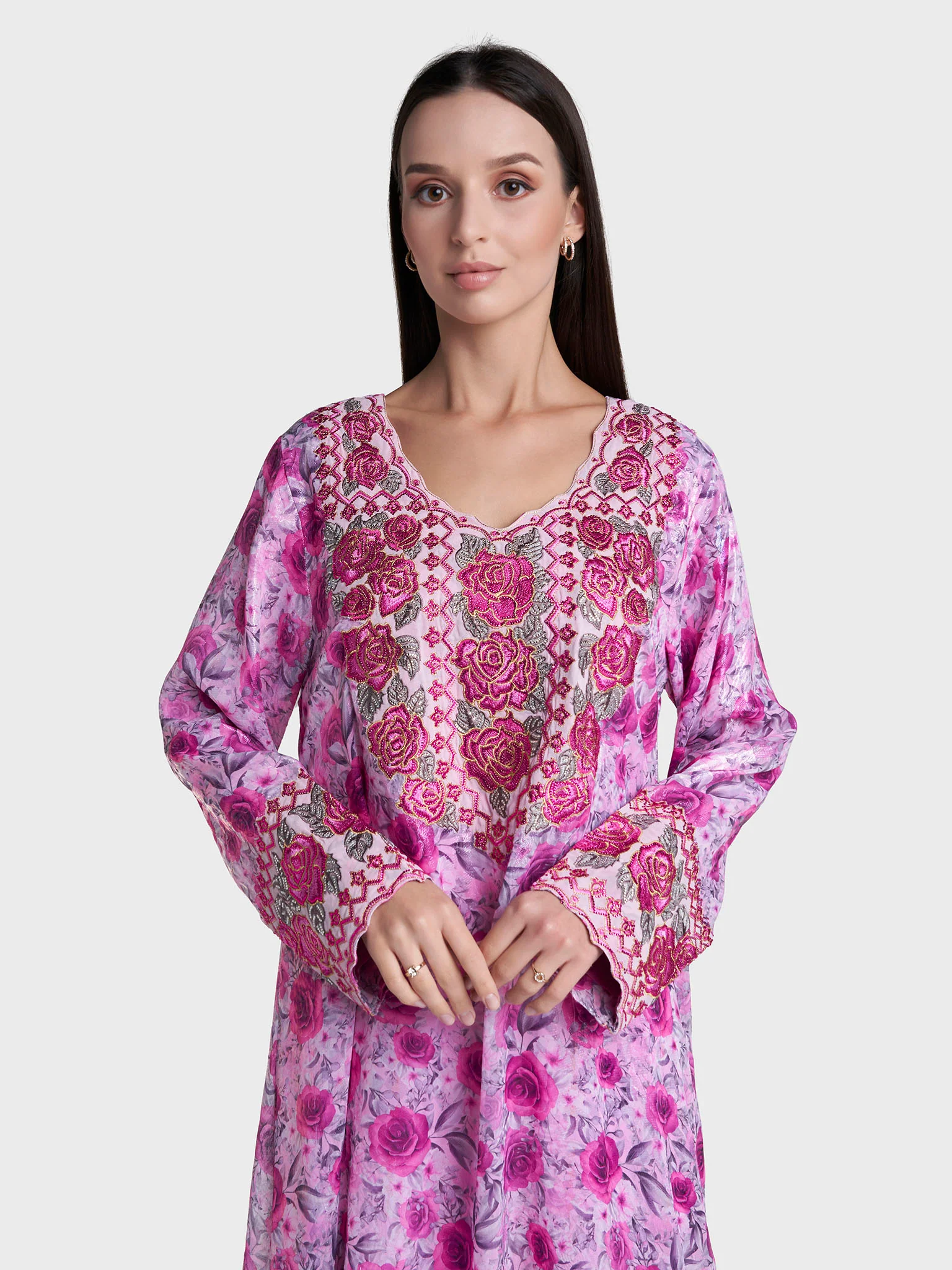 Pink Colour Mukhawar Embroidery Polyester Floral Printed Jalabiya (VG2441)