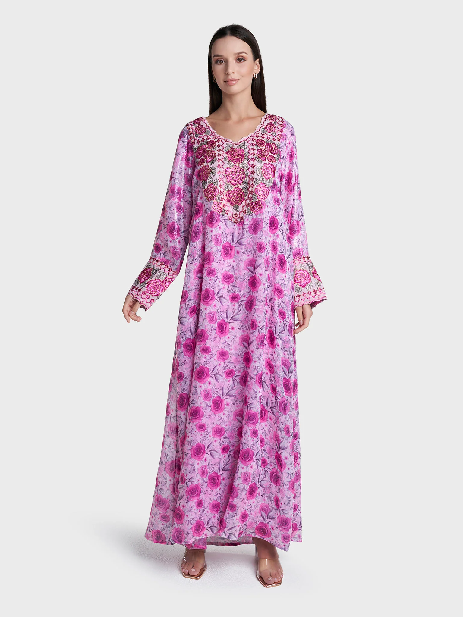 Pink Colour Mukhawar Embroidery Polyester Floral Printed Jalabiya (VG2441) - Image 2