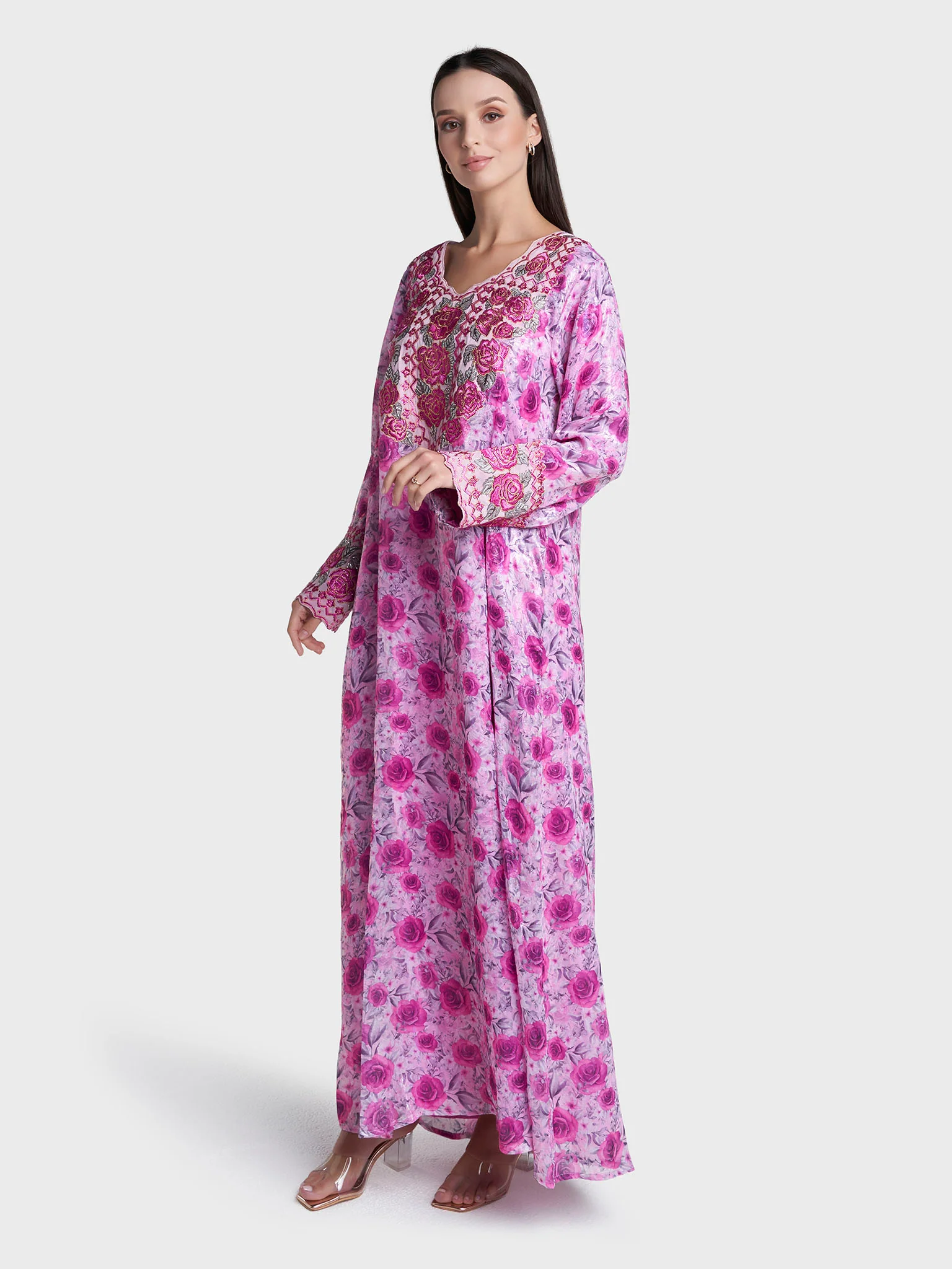 Pink Colour Mukhawar Embroidery Polyester Floral Printed Jalabiya (VG2441) - Image 3