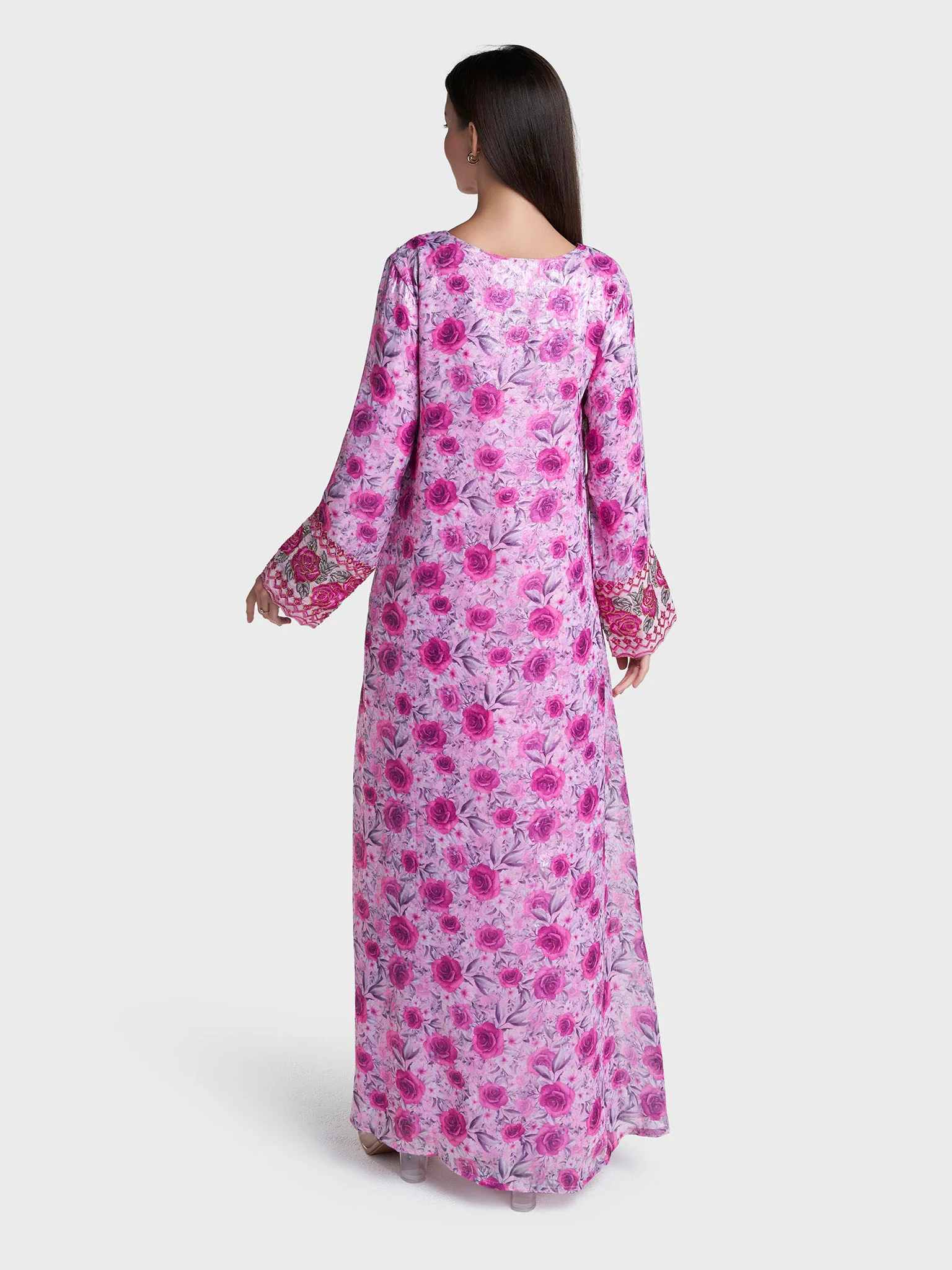 Pink Colour Mukhawar Embroidery Polyester Floral Printed Jalabiya (VG2441) - Image 4