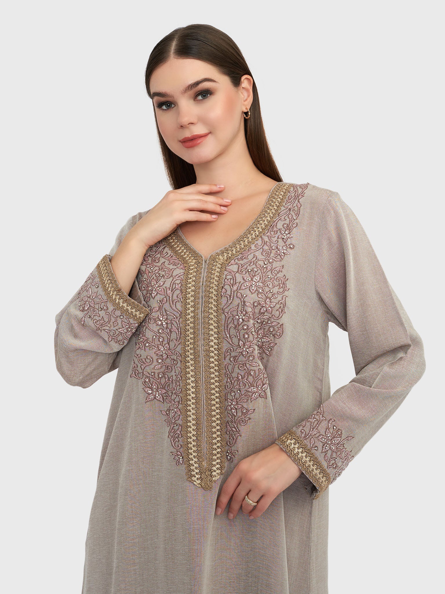 Mocha Brown Solid Beads and Thread Embroidered Jalabiya (VG2457)