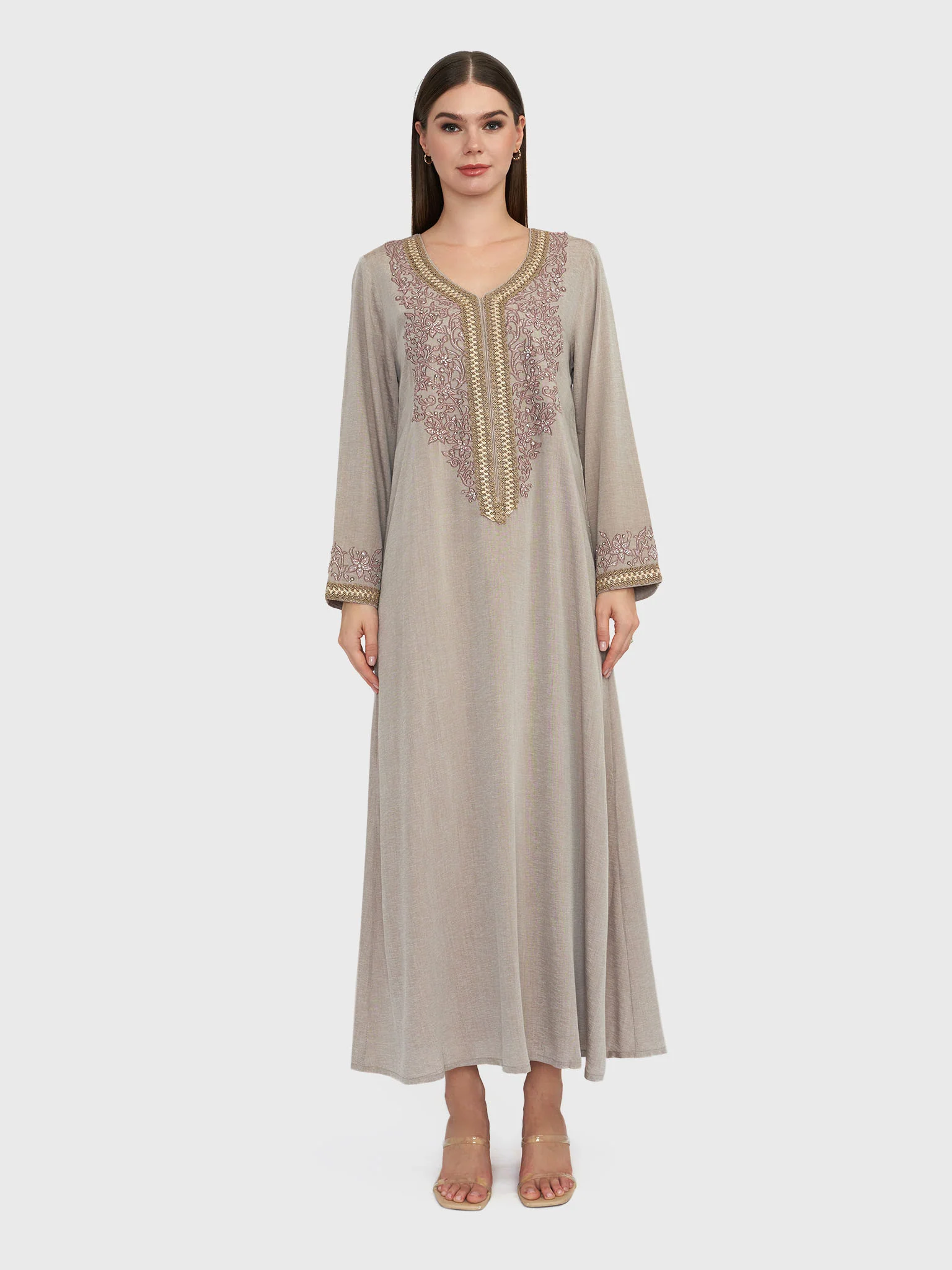 Mocha Brown Solid Beads and Thread Embroidered Jalabiya (VG2457) - Image 2