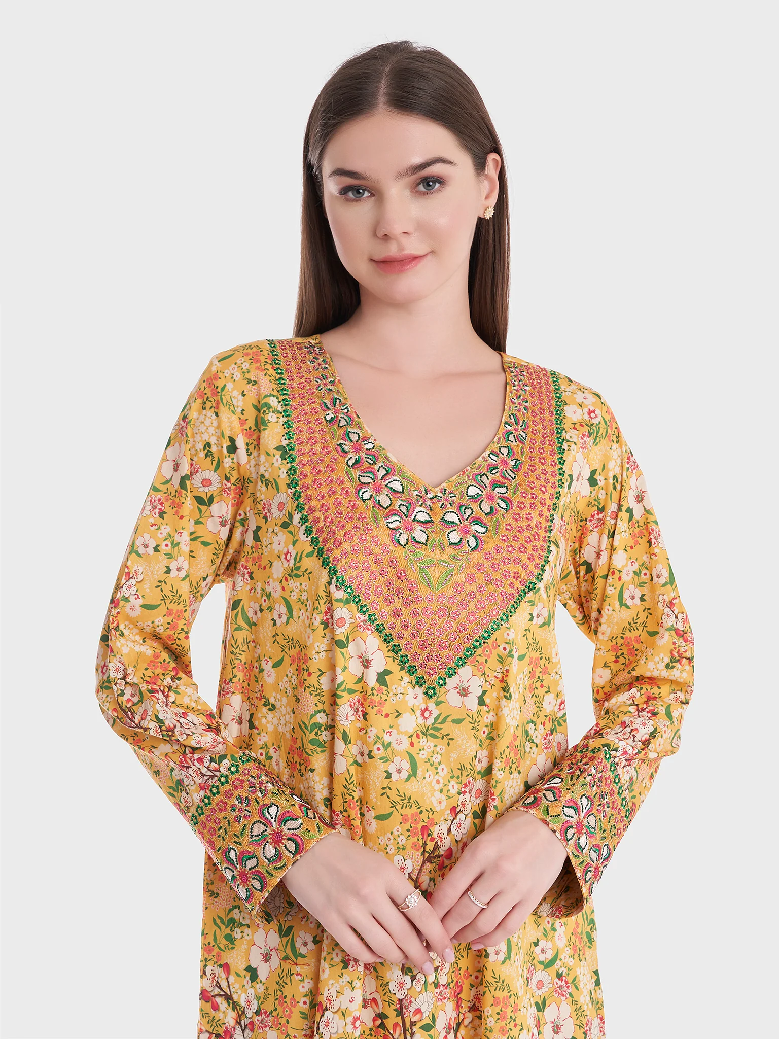 Floral Print Cotton Jalabiya with Stonework (VG2732)