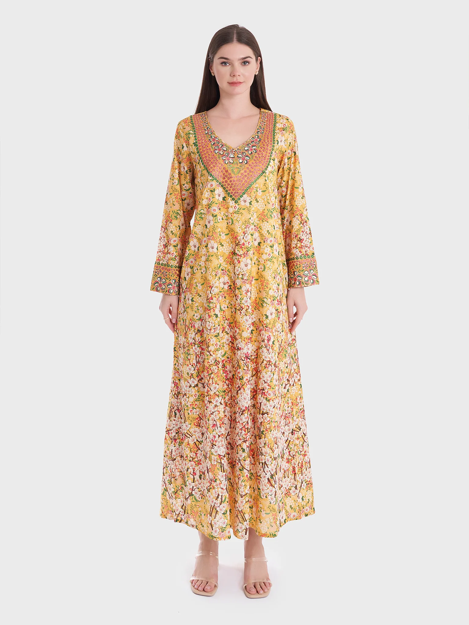 Floral Print Cotton Jalabiya with Stonework (VG2732) - Image 2