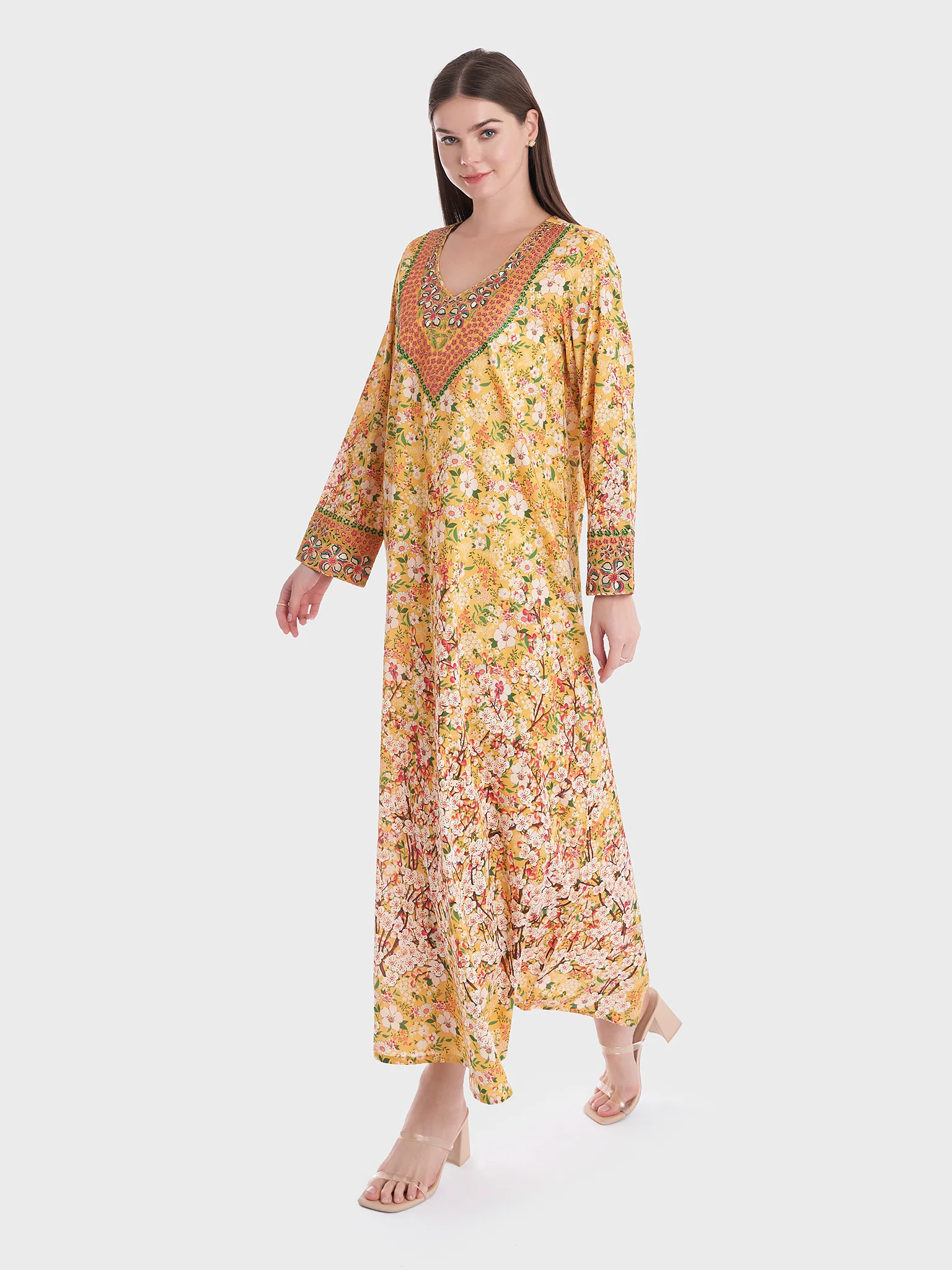 Floral Print Cotton Jalabiya with Stonework (VG2732) - Image 3