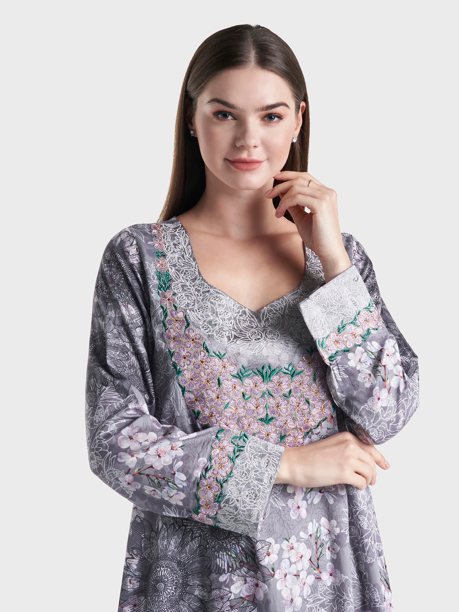 Cotton Satin Floral Print Mukhawar Jalabiya (VG2740)