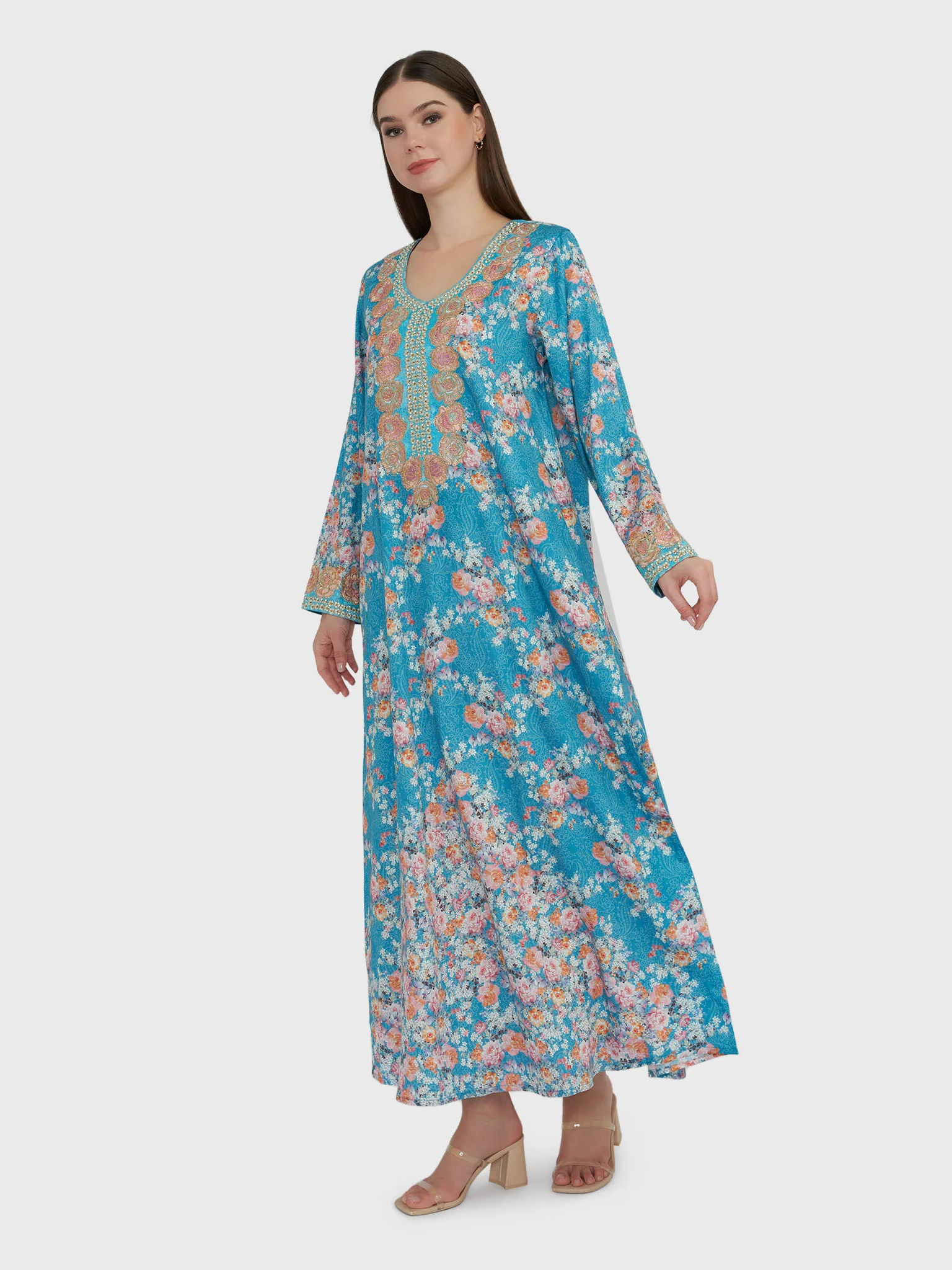Sea Blue Floral Print Cotton Satin Jalabiya (VG2744) - Image 3