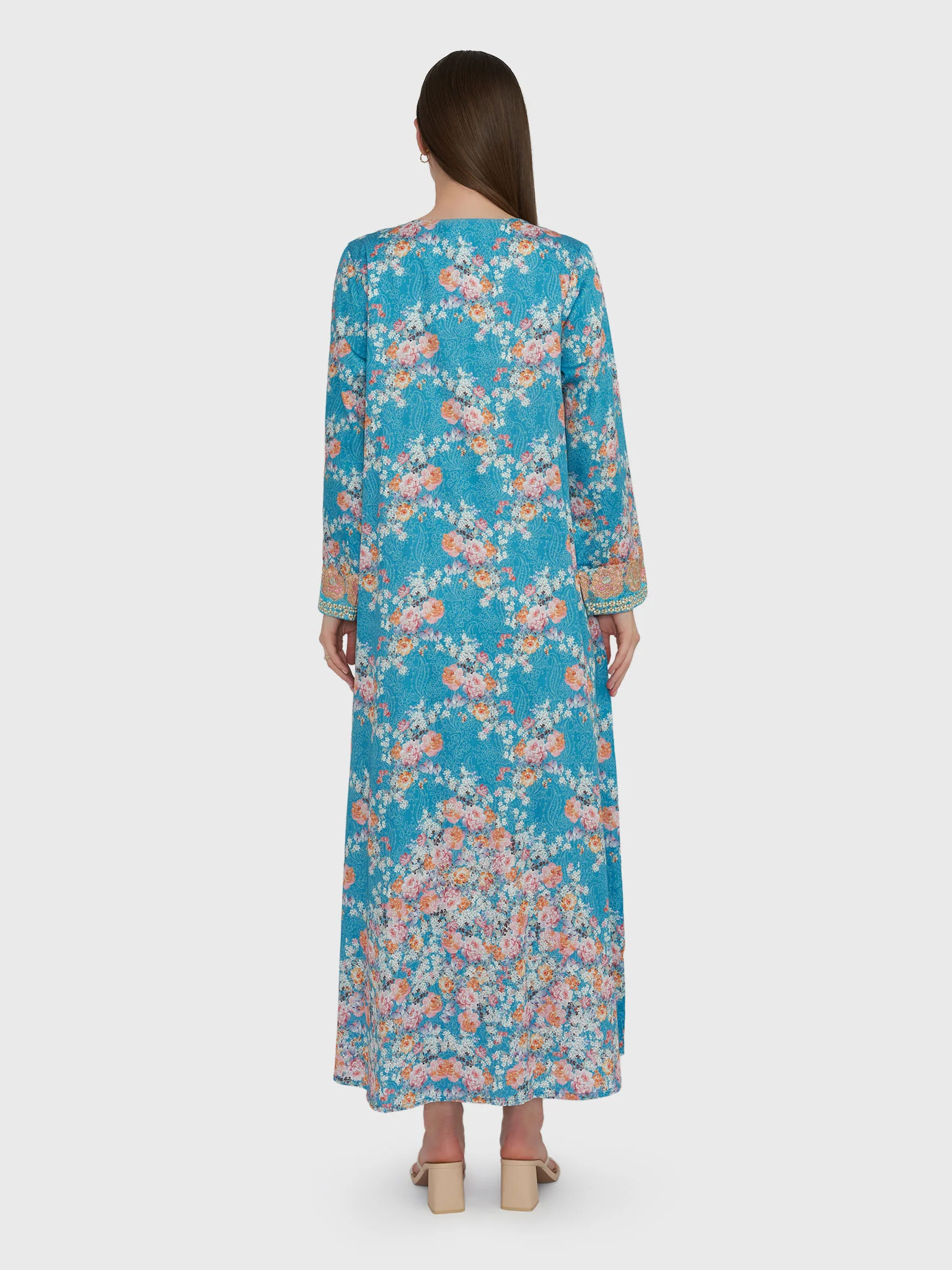 Sea Blue Floral Print Cotton Satin Jalabiya (VG2744) - Image 4