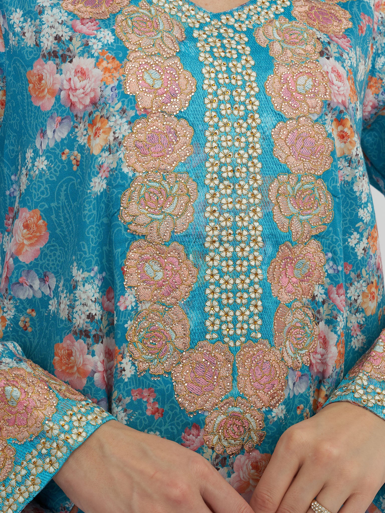 Sea Blue Floral Print Cotton Satin Jalabiya (VG2744) - Image 5