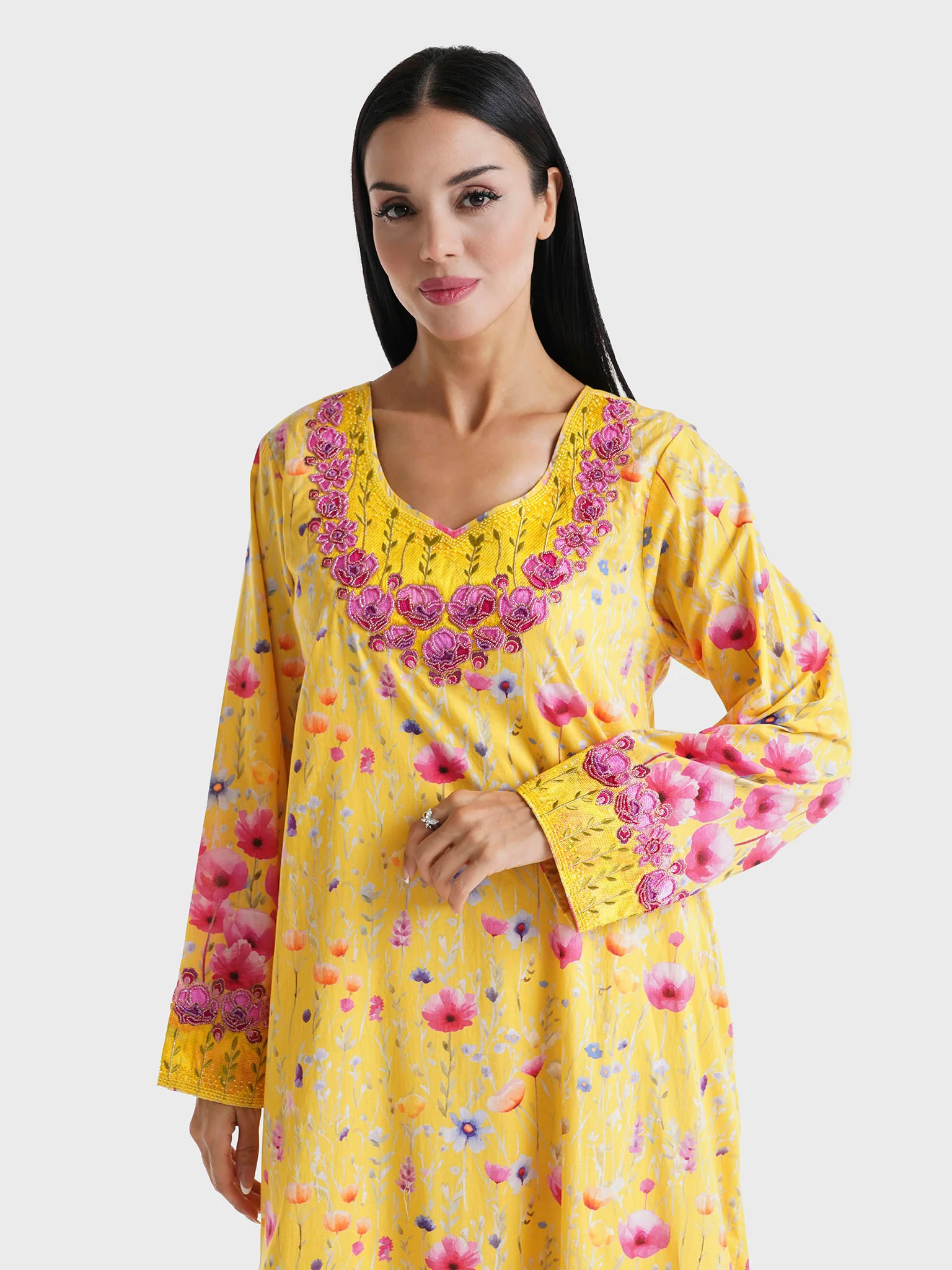 Yellow Floral Printed Liberty Cotton Mukhawar Jalabiya (VG2758)