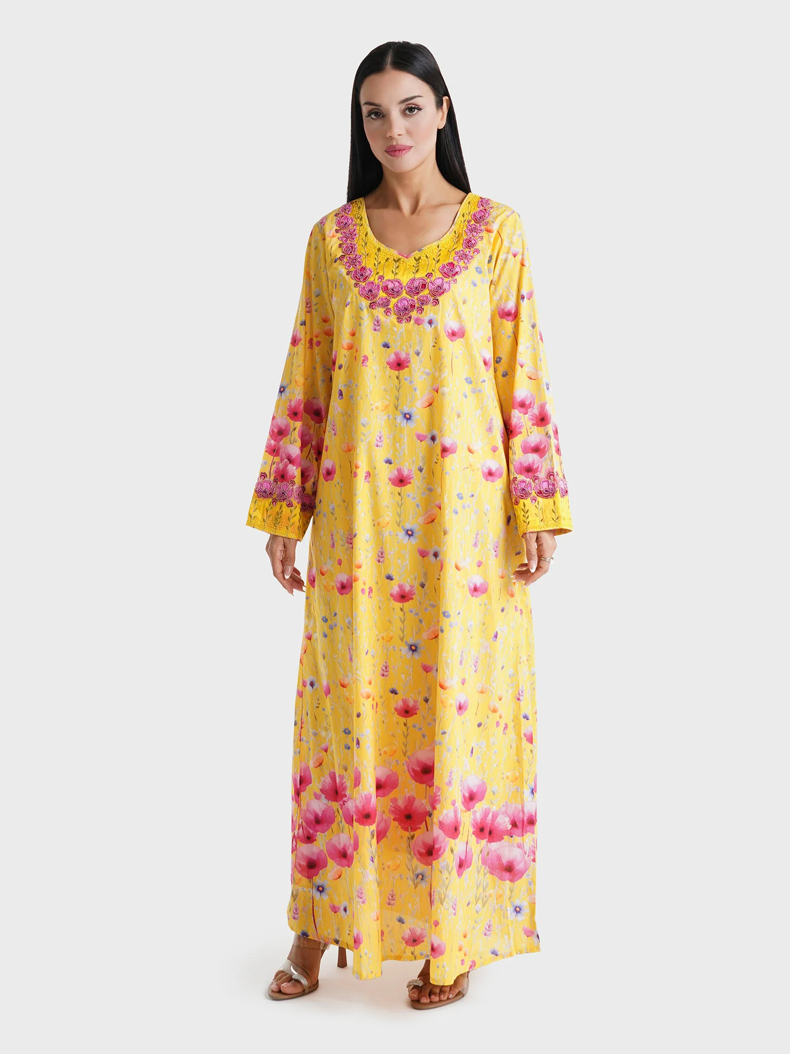 Yellow Floral Printed Liberty Cotton Mukhawar Jalabiya (VG2758) - Image 2