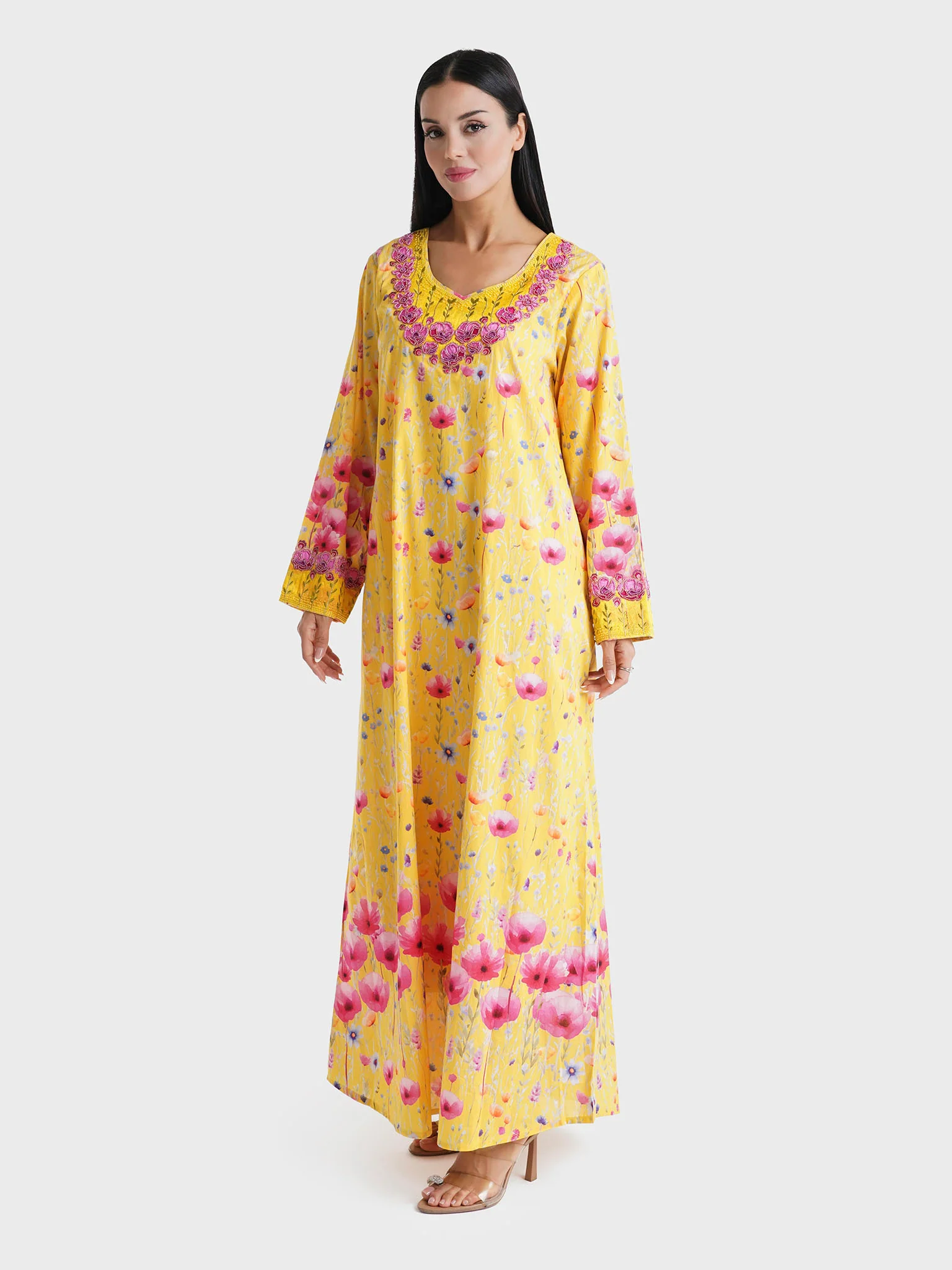 Yellow Floral Printed Liberty Cotton Mukhawar Jalabiya (VG2758) - Image 3