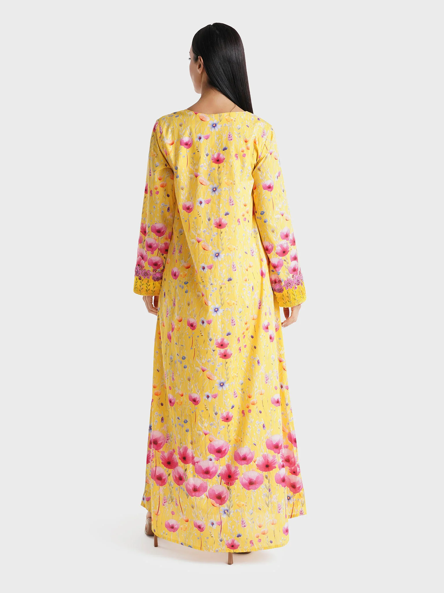 Yellow Floral Printed Liberty Cotton Mukhawar Jalabiya (VG2758) - Image 4