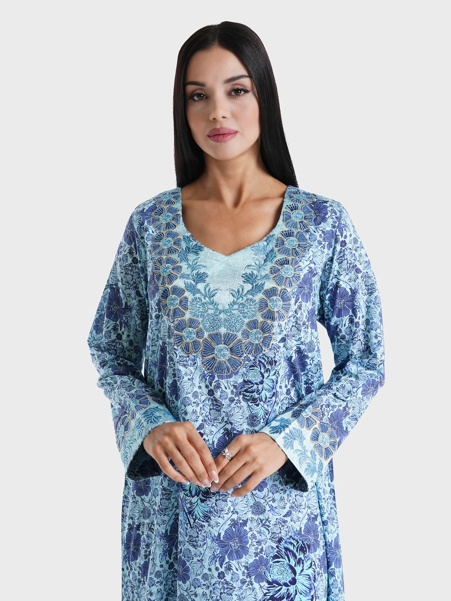 Blue Floral Printed Liberty Cotton Mukhawar Jalabiya (VG2764)