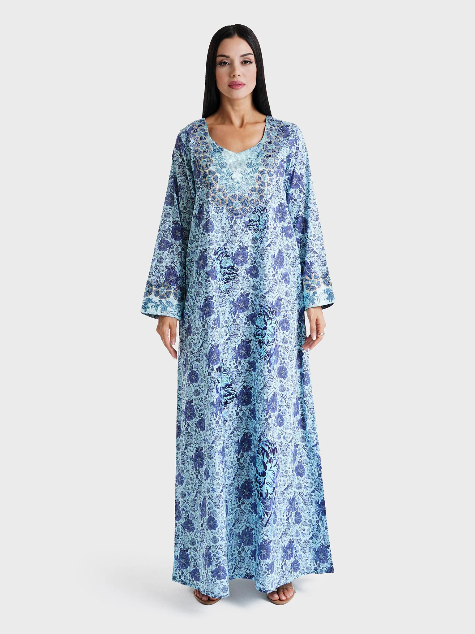 Blue Floral Printed Liberty Cotton Mukhawar Jalabiya (VG2764) - Image 2