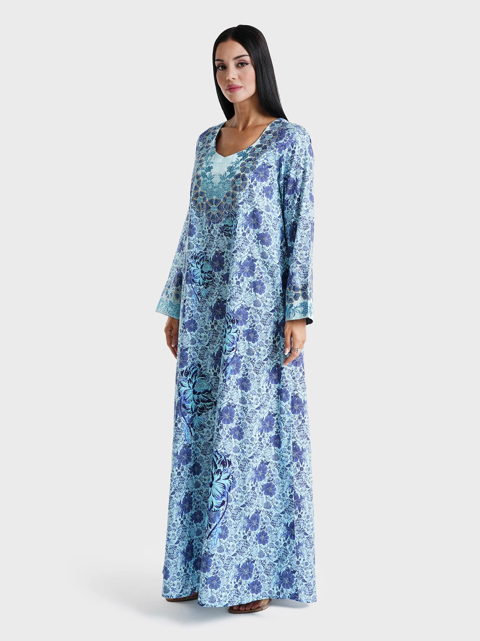 Blue Floral Printed Liberty Cotton Mukhawar Jalabiya (VG2764) - Image 3