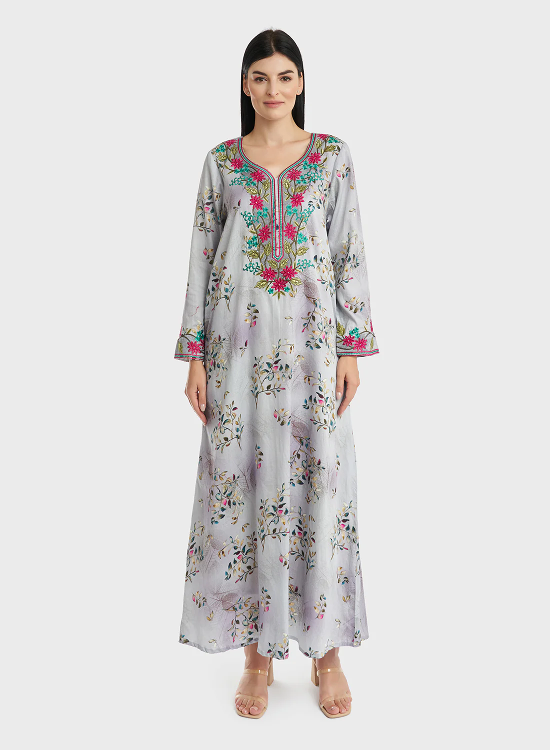 Cotton Floral Print Embroidered Jalabiya (VG2917) - Image 2