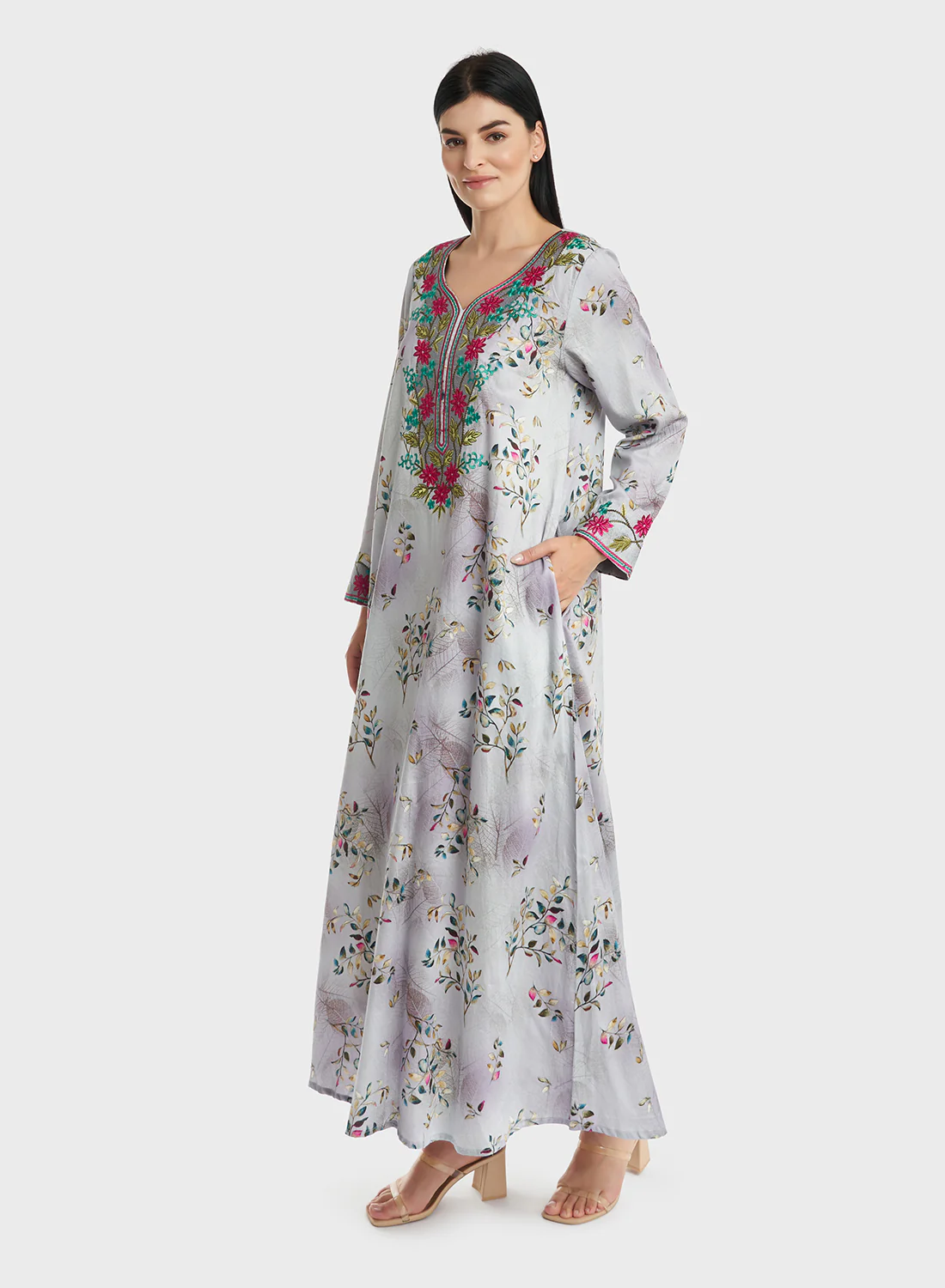 Cotton Floral Print Embroidered Jalabiya (VG2917) - Image 3