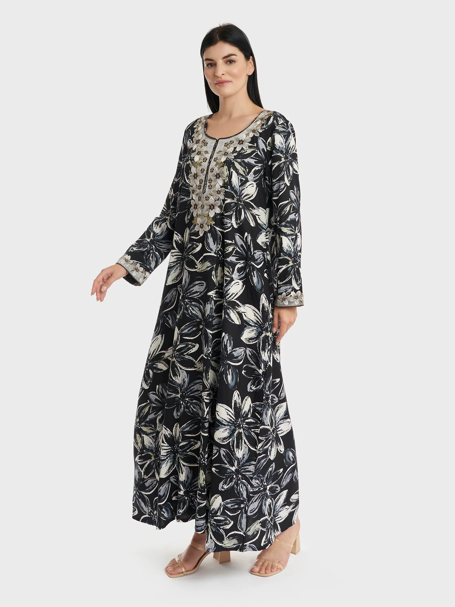 Rayon Floral Monochrome and Green Print Jalabiya (VG2942) - Image 3