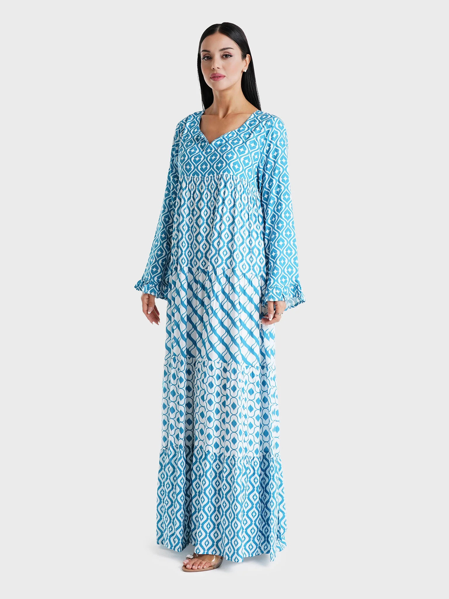 Teal Geometric Printed Rayon Stone Work Jalabiya (VW140) - Image 3