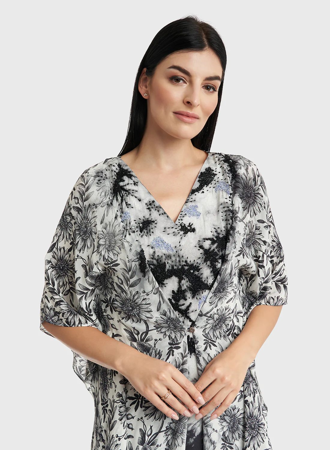 Viscose Monochrome Floral Print Poncho Dres (VW78)