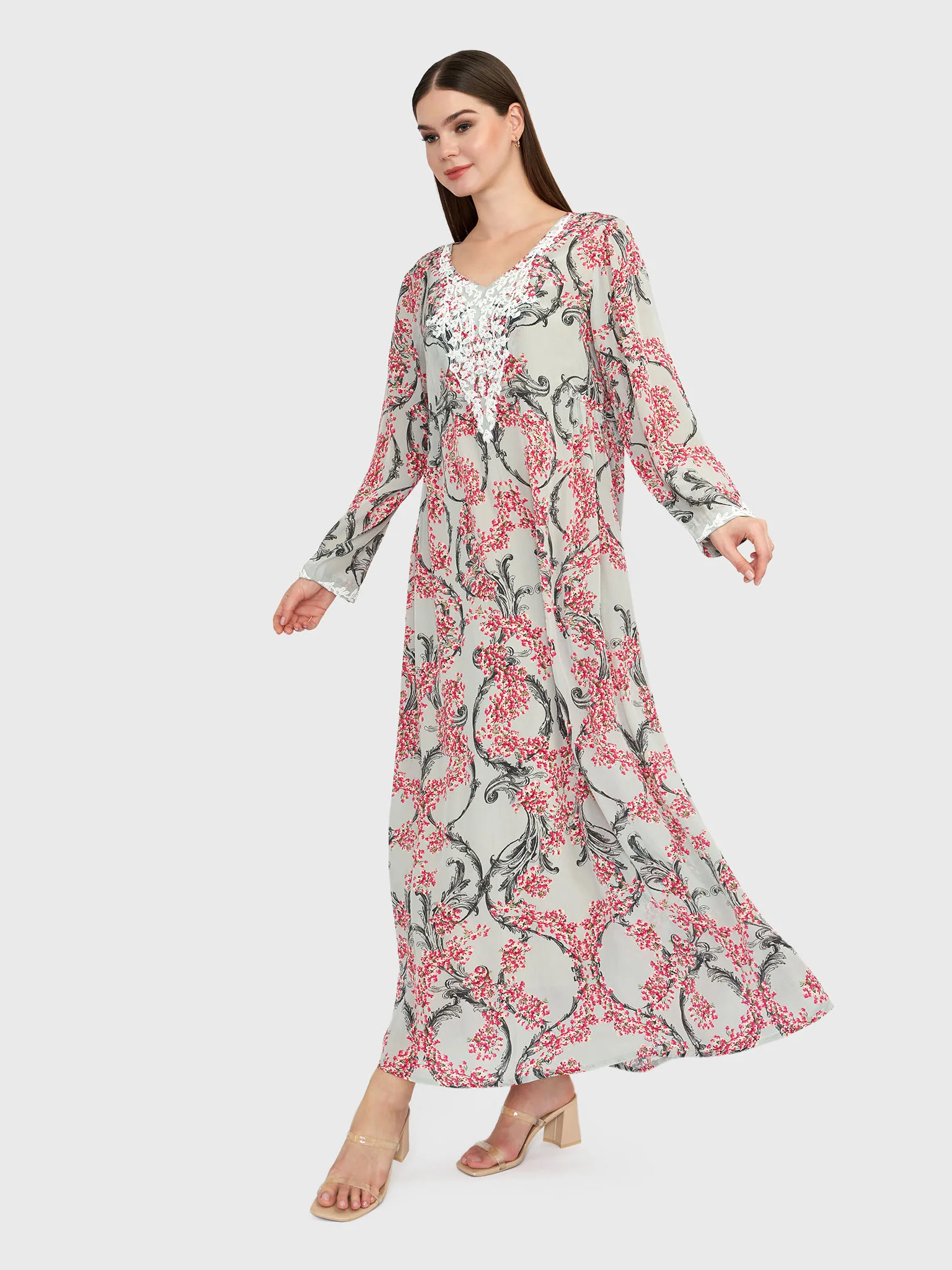 Ash Grey Floral Print Jalabiya with Beads Work (VG2341) - Image 3