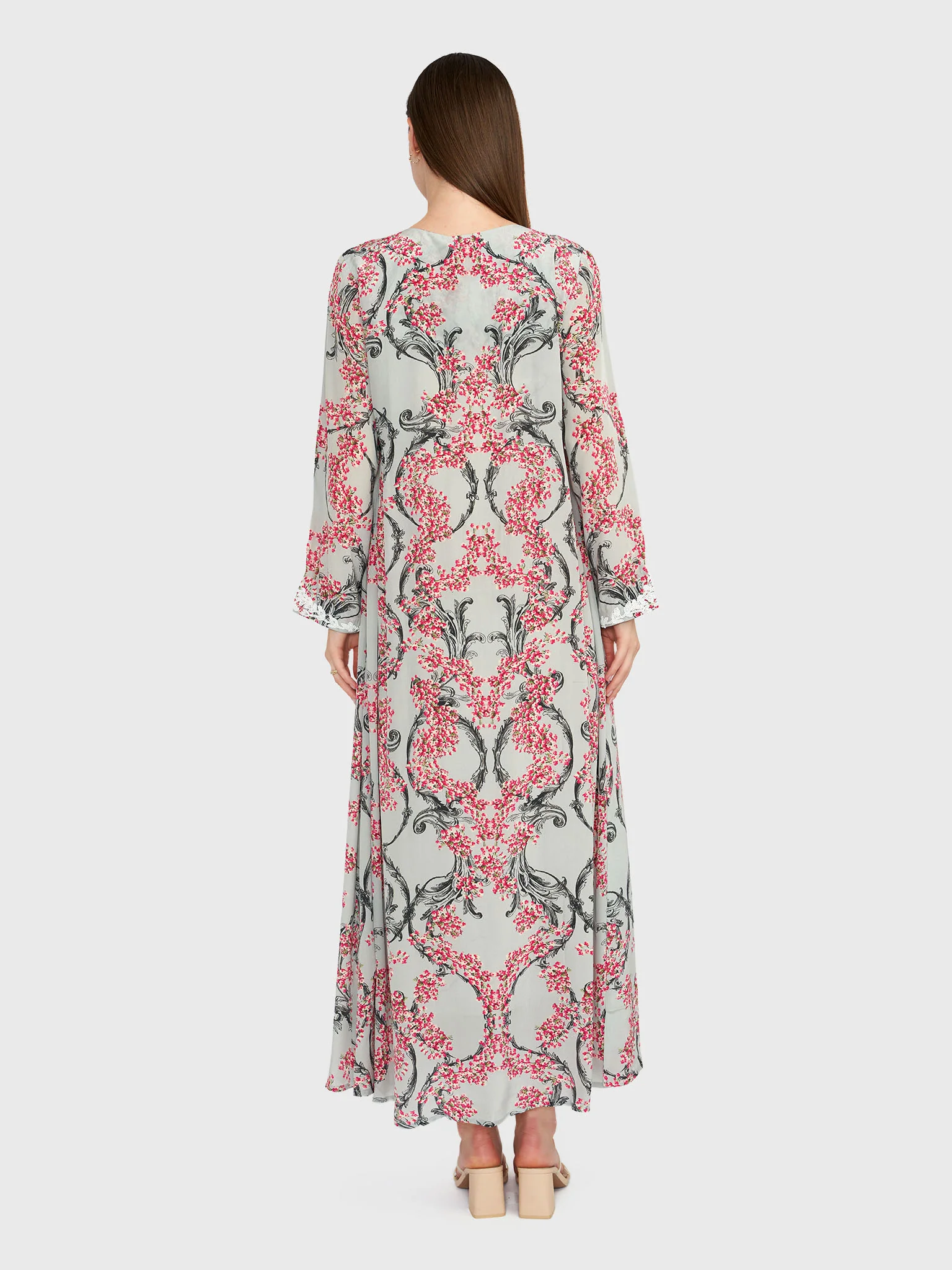 Ash Grey Floral Print Jalabiya with Beads Work (VG2341) - Image 4