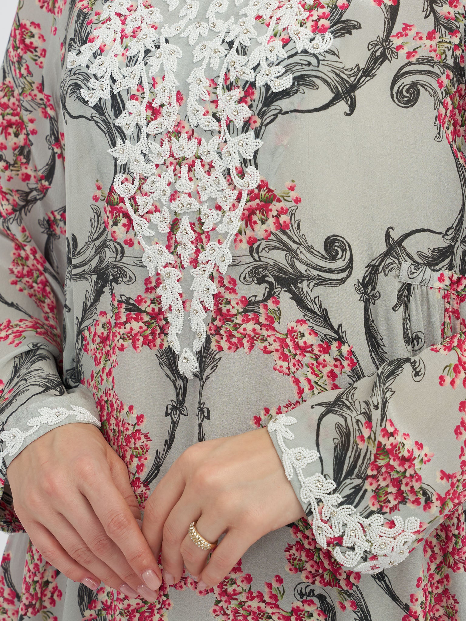 Ash Grey Floral Print Jalabiya with Beads Work (VG2341) - Image 5