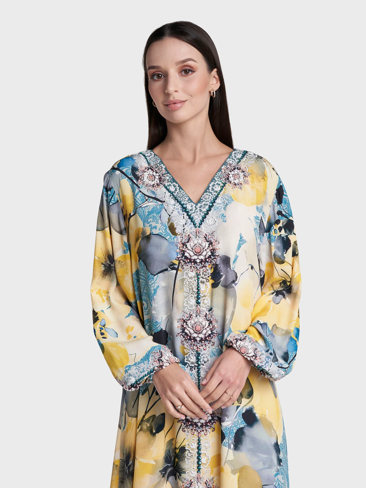 Yellow Colour Hand Work Viscose Crepe Floral Printed Jalabiya (VDM713)